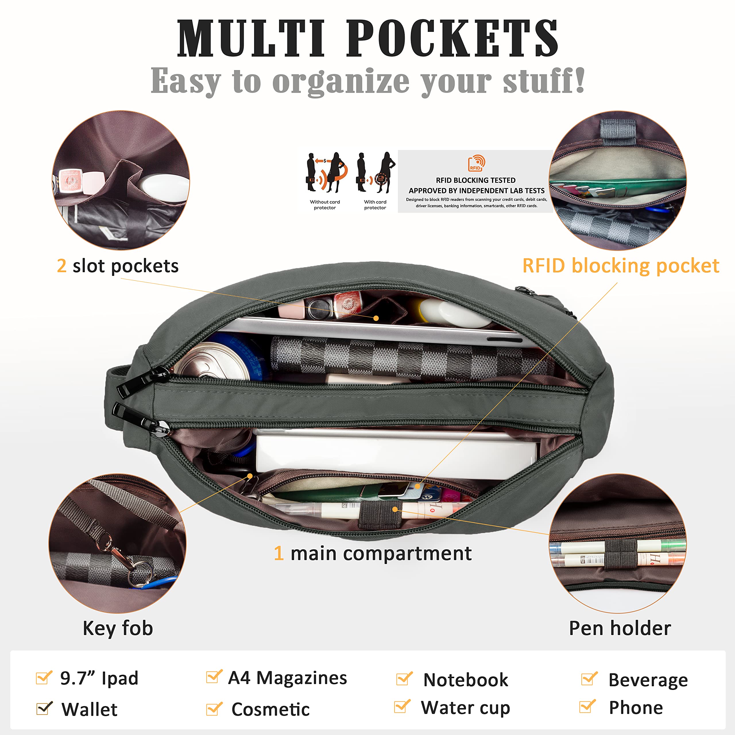 VOLGANIK ROCK RFID Purses for Women Fabric Nylon Multi Pocket Crossbody Bag Ladies Travel Handbag