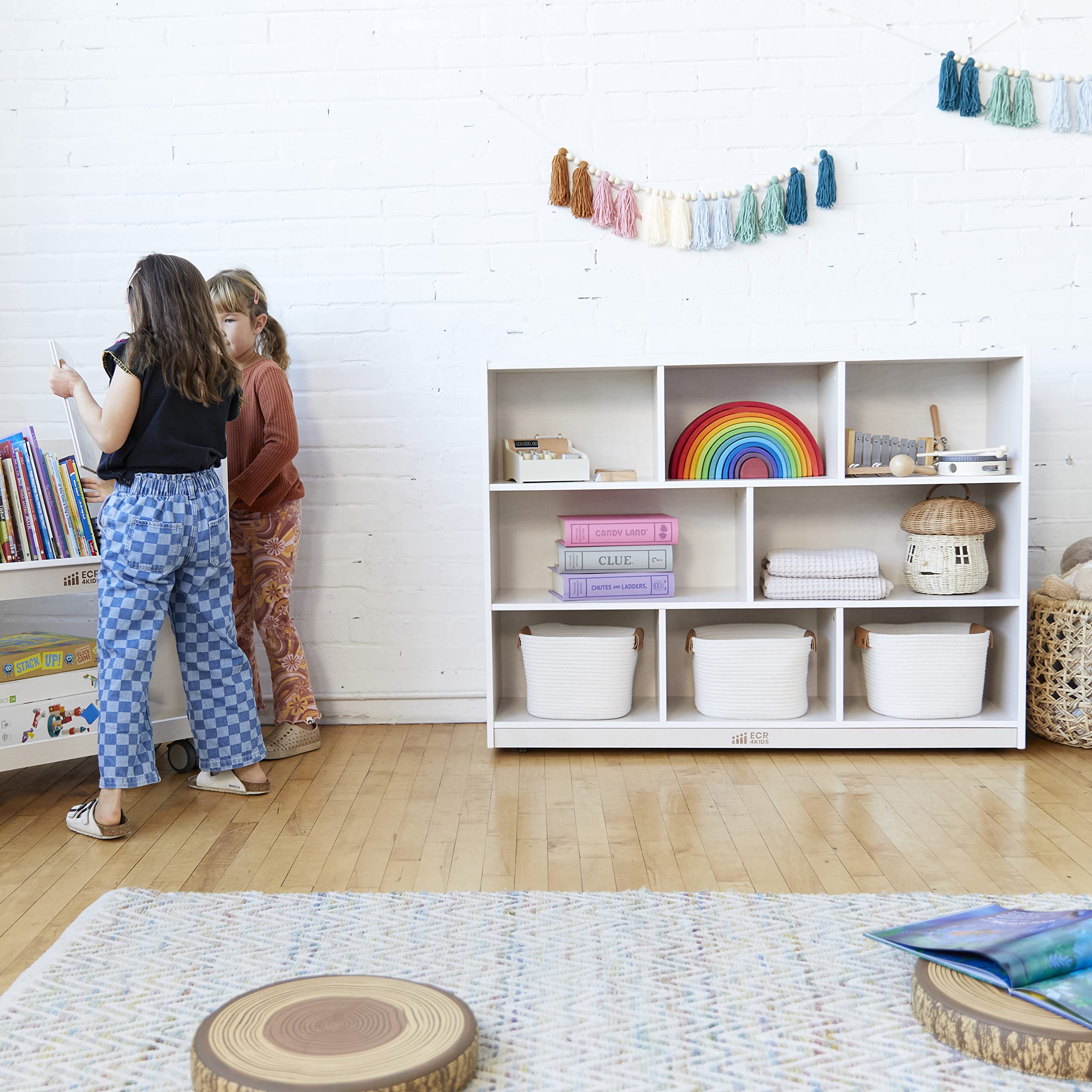 ECR4Kids 8-Compartment Mobile Storage Cabinet, Elementary, Classroom Furniture, Grey Wash