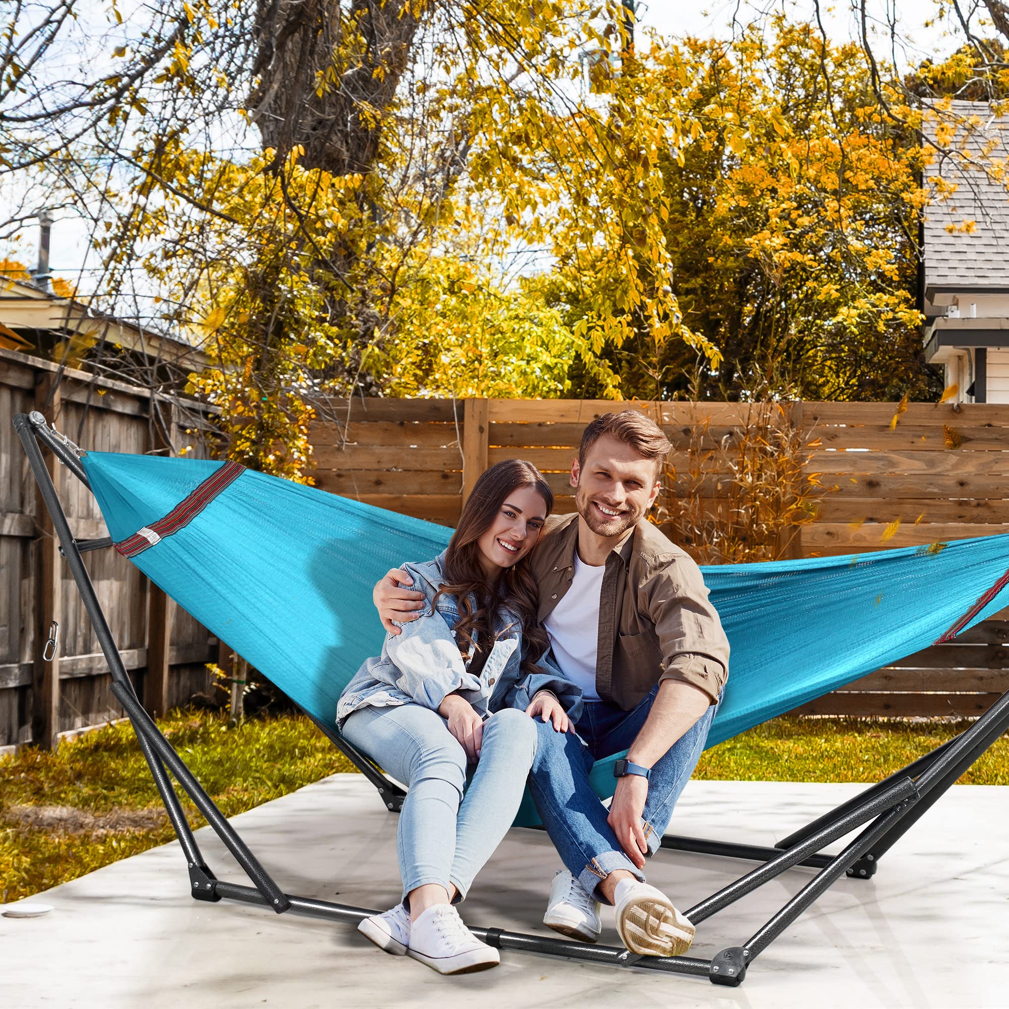 Tranquillo Unity Adjustable Hammock Stand, Hammocks Stands for The Garden, 800 lbs Capacity Steel Double Hammock Stand for 2 Persons, Premium Pre-Assembled Stand (Steel, Aegean)
