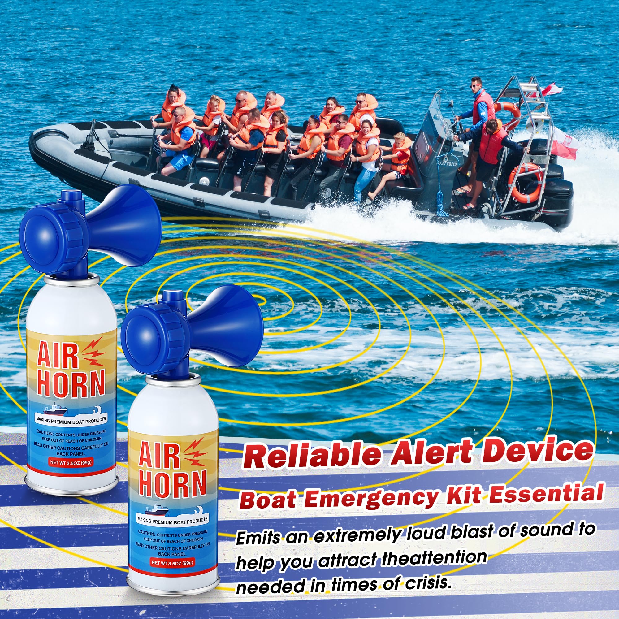 2 Pack 3.5oz Large Air Horn, 122DB Very Loud Air Horns Can, Marine Boat Horns for Safety, Meet Coast Guard, Fog Blow Horn Boat Accessories, Ideal for Boating, Camping, Hiking