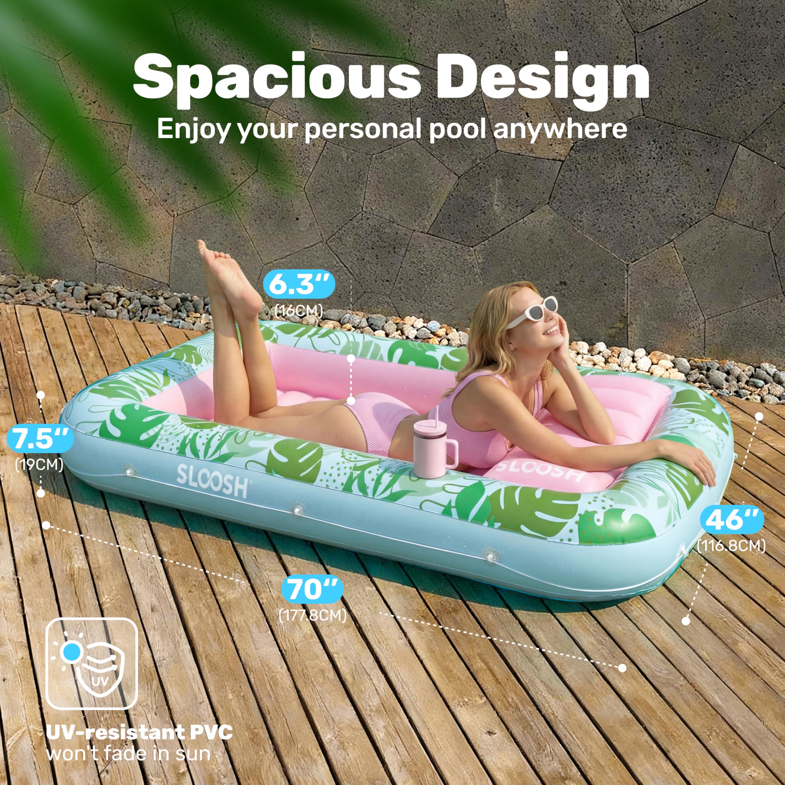 SLOOSH Inflatable Tanning Pool Lounger Float, 85" x 57" Extra Large Pool Floats Adult with Pillow, 4 in 1 Suntan Tub Raft Floatie,Sunbathing Bed Lounge for Water Blow Up Ball Pit Party Gifts, XL-Blue