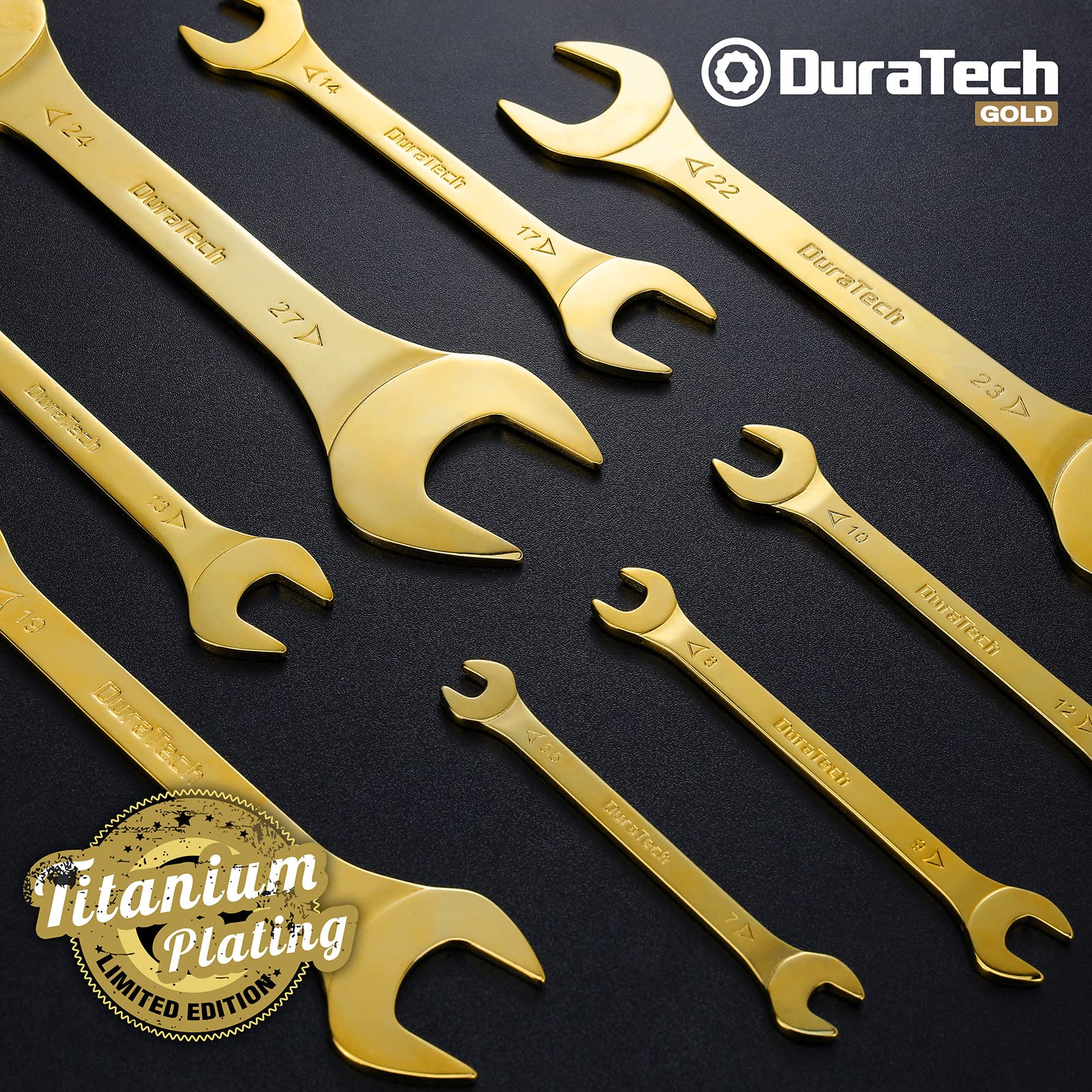 DURATECH Super-Thin Open End Wrench Set, Metric, 8-Piece, 5.5mm to 27mm, Black Electrophoretic Coating, with Rolling Pouch
