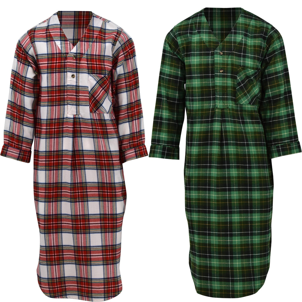 Andrew Scott Men's 2 Pack Lightweight Cotton Flannel Sleep Shirt, Long Henley Nightshirt Pajamas