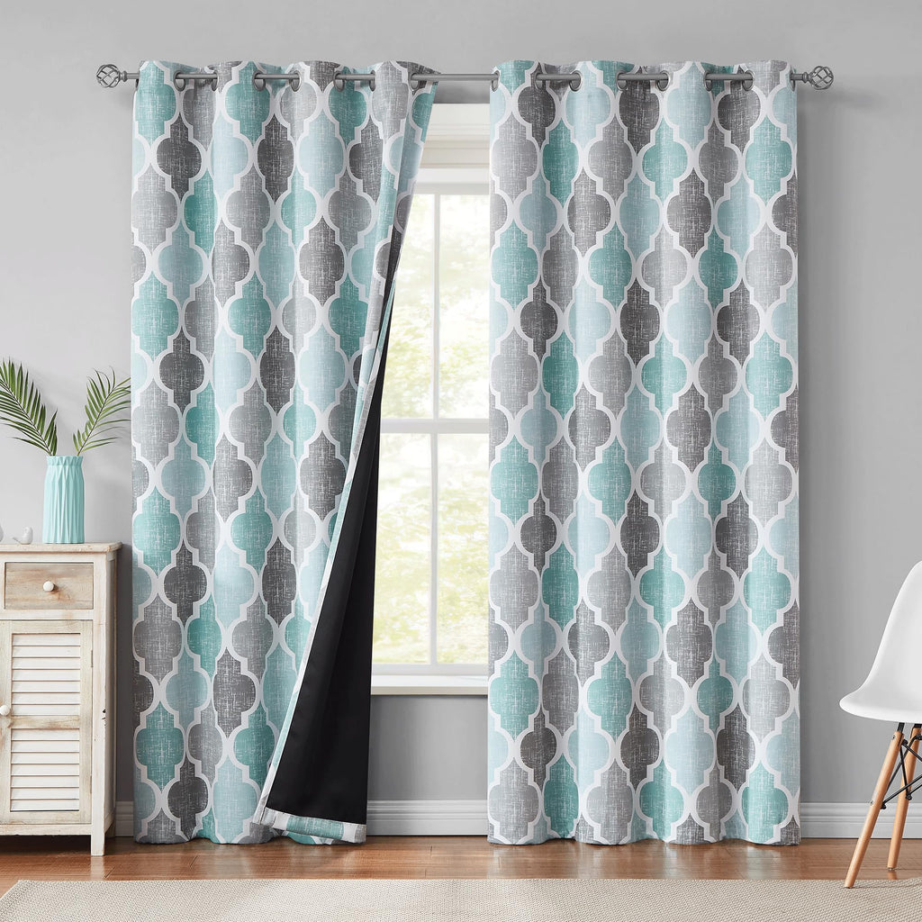 Beauoop 100% Blackout Curtains 45 Inches Long 2 Panels for Bedroom Living Room Aqua Grey Moroccan Geo Room Darkening Thermal Insulated Soundproof Grommet Top Window Treatments Drapes, 50x45 Set of 2
