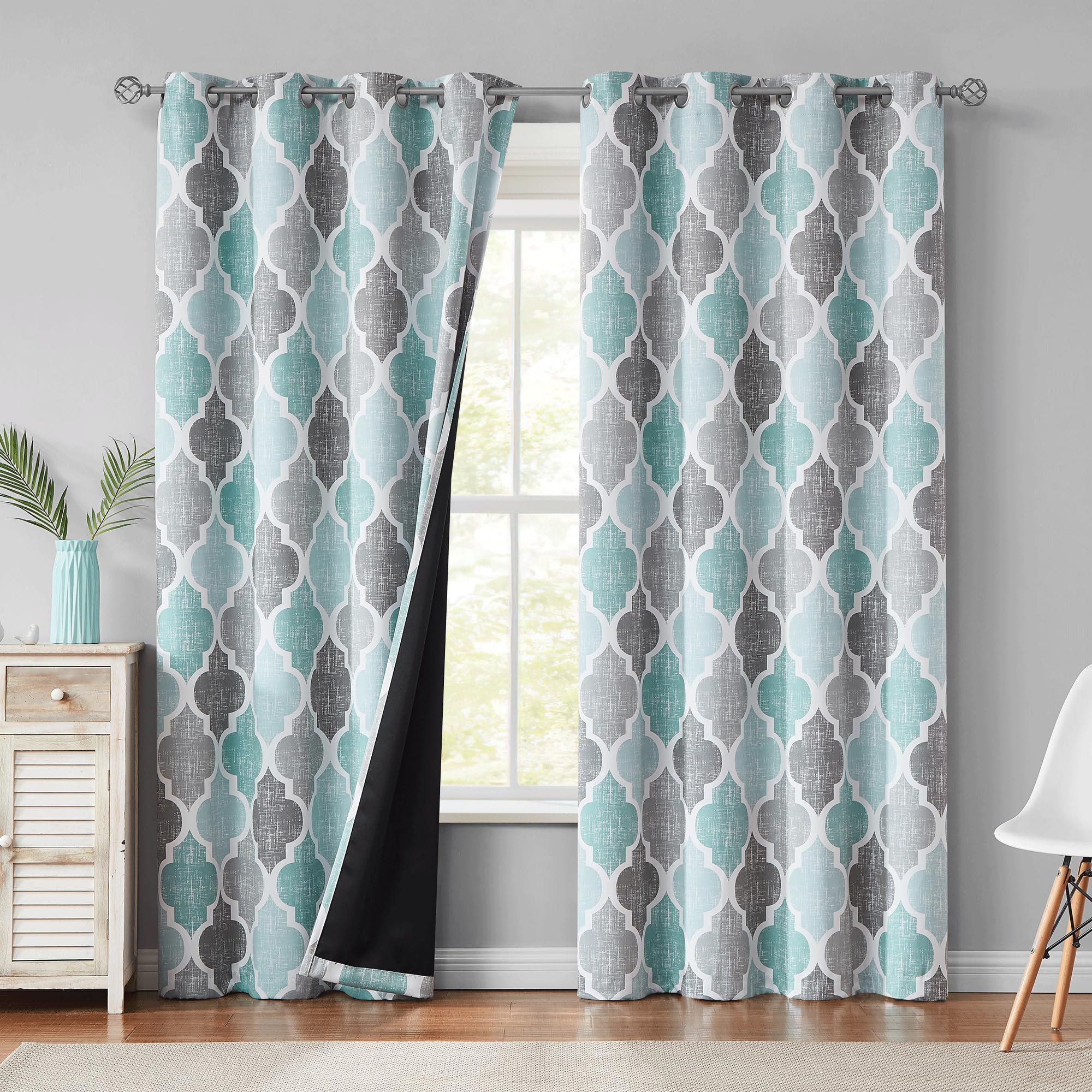 Beauoop 100% Blackout Curtains 45 Inches Long 2 Panels for Bedroom Living Room Aqua Grey Moroccan Geo Room Darkening Thermal Insulated Soundproof Grommet Top Window Treatments Drapes, 50x45 Set of 2