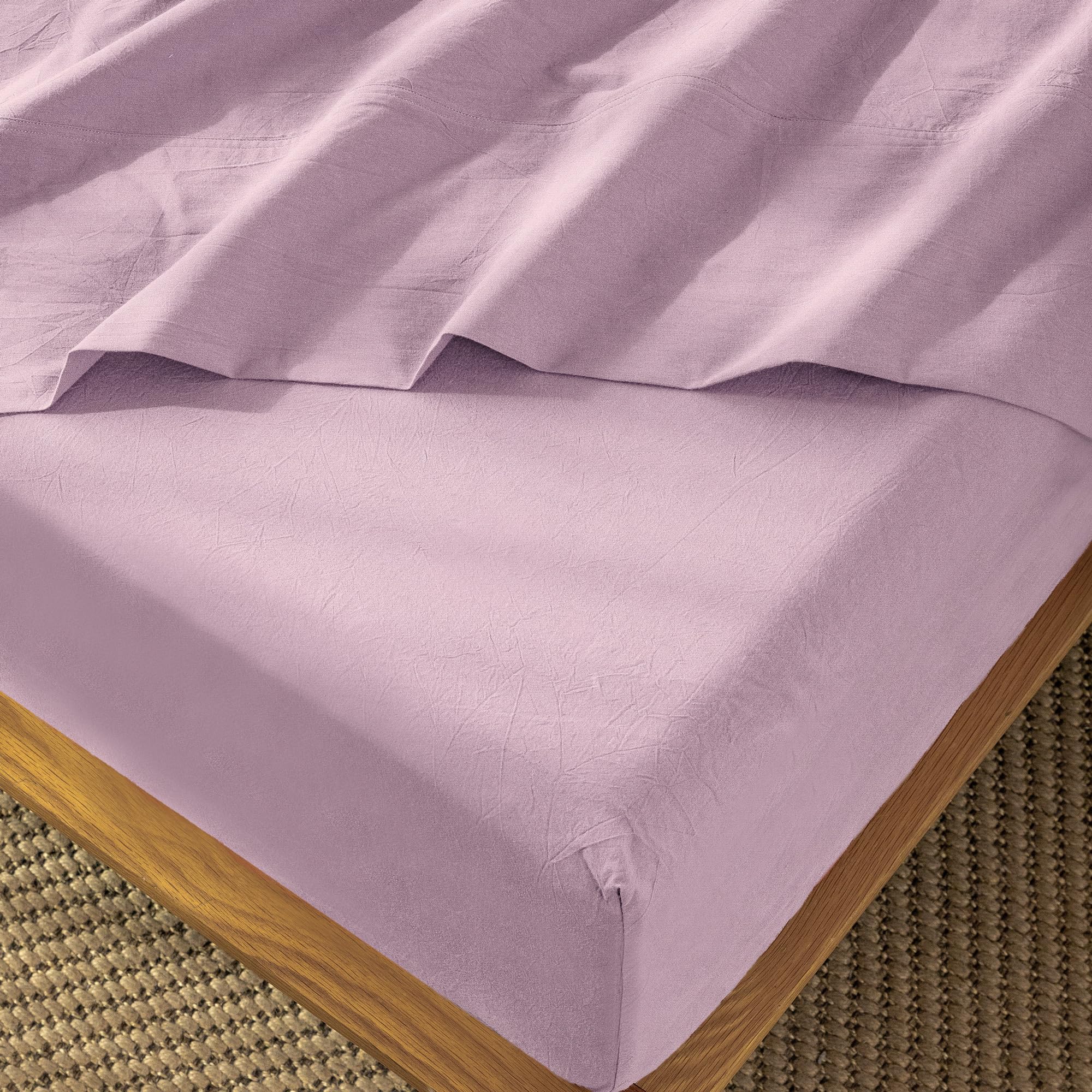 MooMee Fitted Bottom Sheet Only 100% Washed Cotton Linen Like Textured Breathable Durable Soft Comfy Deep Pocket Fits Mattress up to 17" (Almond Milk Grey, Twin)