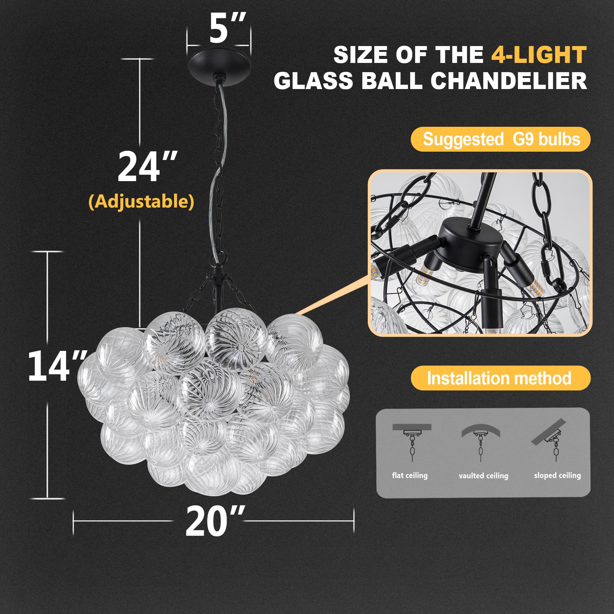 Longree Bubble Glass Ball Chandelier White 20" Dia Pendant Light | Swirled Glass Globe, for Dining Room Kitchen Bathroom Entry Bedroom