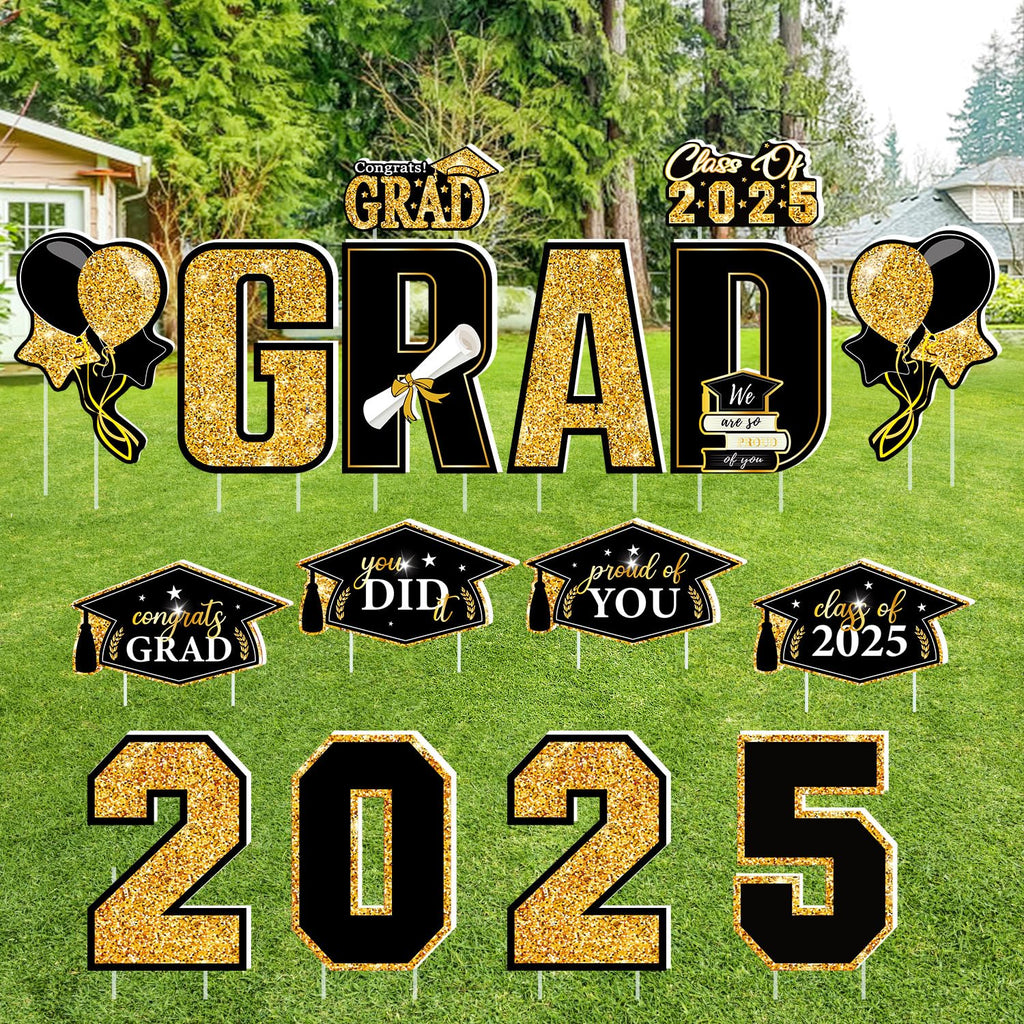 Multiwins 16 PCS Graduation Yard Signs, Black Gold Graduation Yard Signs Class Of 2025, 16 Inches Large Congrats Grad 2025 Yard Signs with Stakes For 2025 Graduation Decorations
