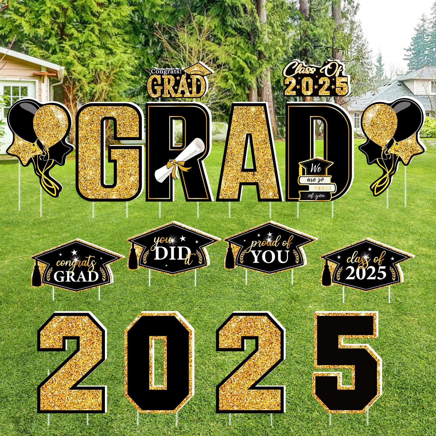 Multiwins 16 PCS Graduation Yard Signs, Black Gold Graduation Yard Signs Class Of 2025, 16 Inches Large Congrats Grad 2025 Yard Signs with Stakes For 2025 Graduation Decorations