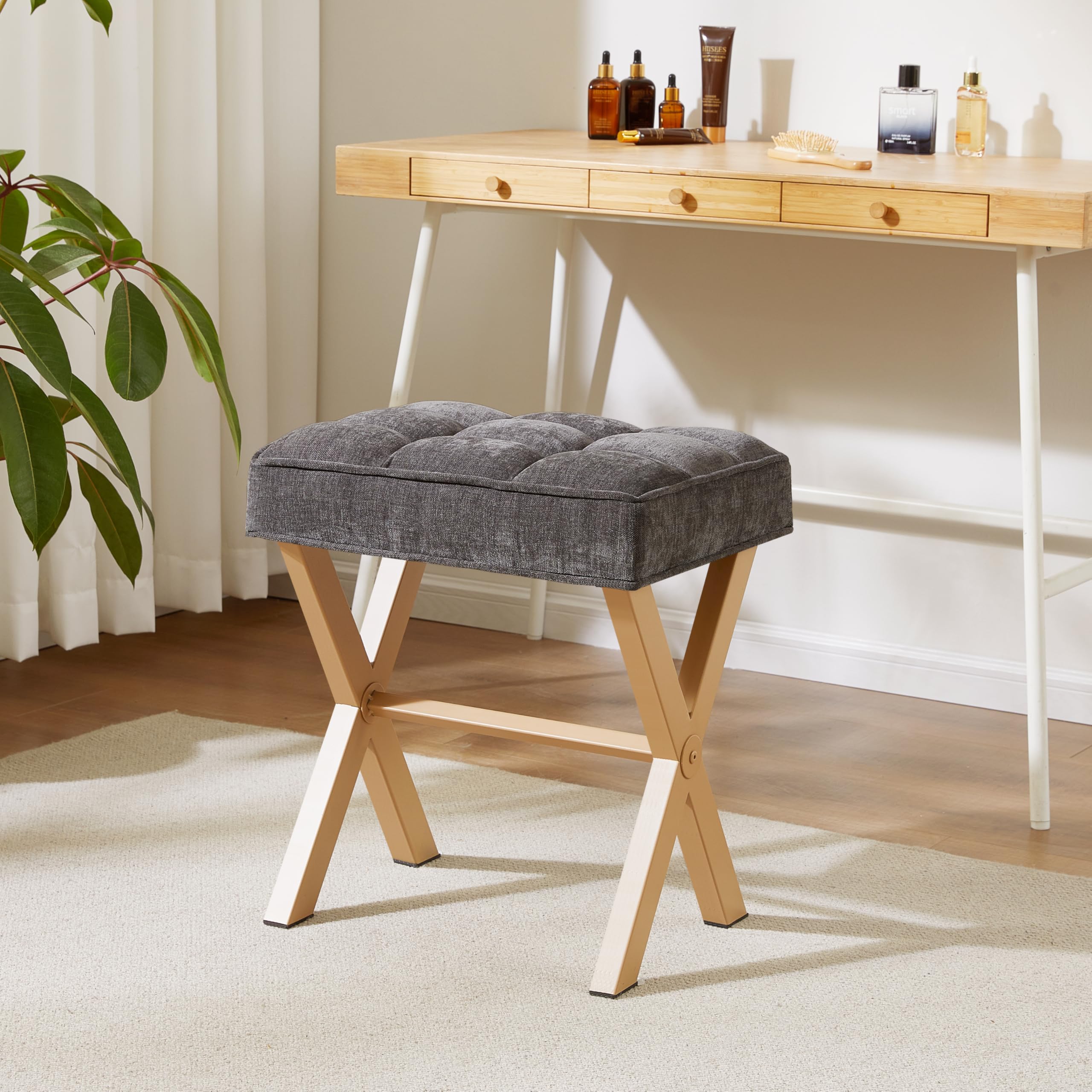 Royal Windsor Vanity Stool with Saddle Cushion, 18 Inch Makeup Vanity Chair for Living Room, Modern Foot Stool Ottoman Piano Bench,Small Upholstered Bench for Bedroom, Beige
