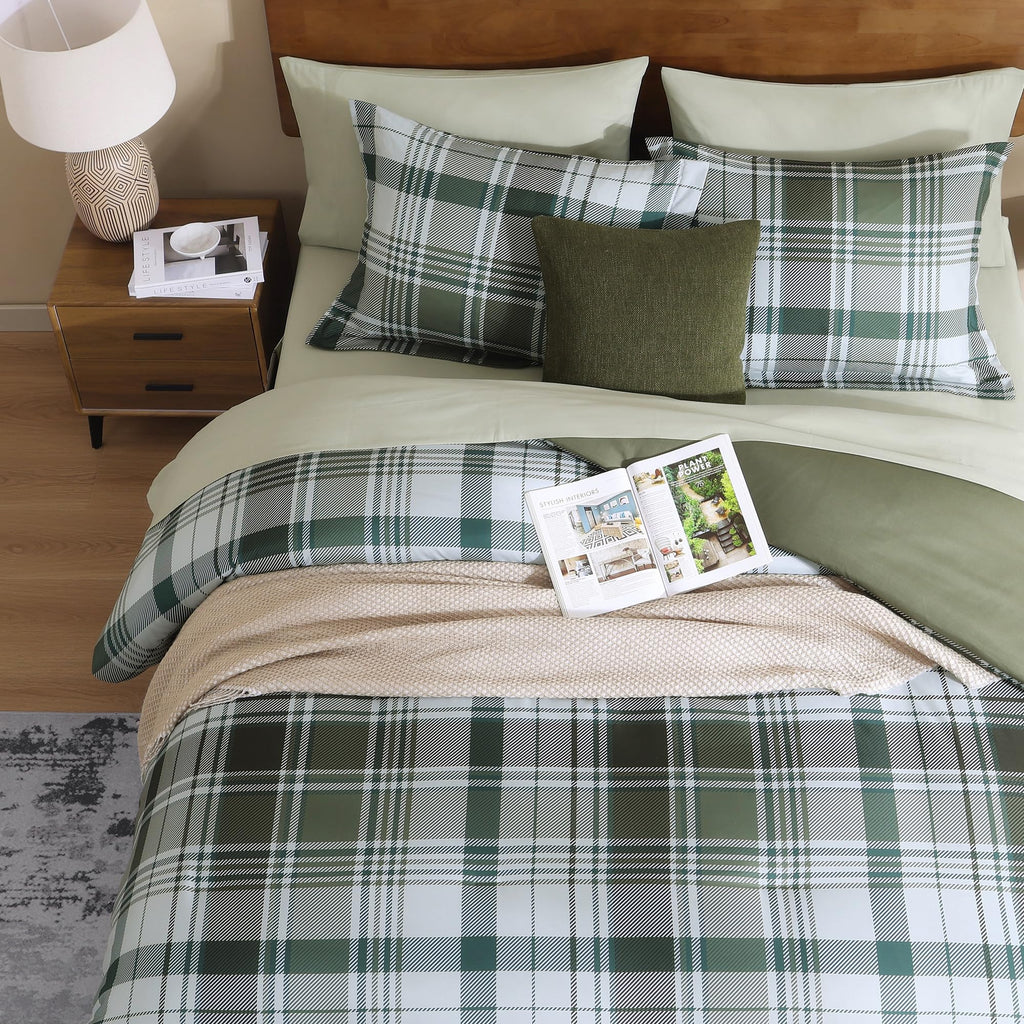 MaiRêve Queen Comforter Set, Classic Plaid Farmhouse Bedding Sets 7 Pieces, Beige All Season Bed in A Bag with Sheets, Pillowcases & Shams