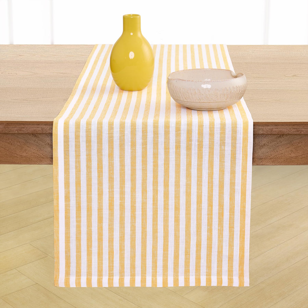 Solino Home Linen Table Runner 36 Inches - Amalfi Stripe 100% Pure Linen Natural and White Table Runner 14 x 36 Inch Ideal for Dresser and Coffee Tables - Summer