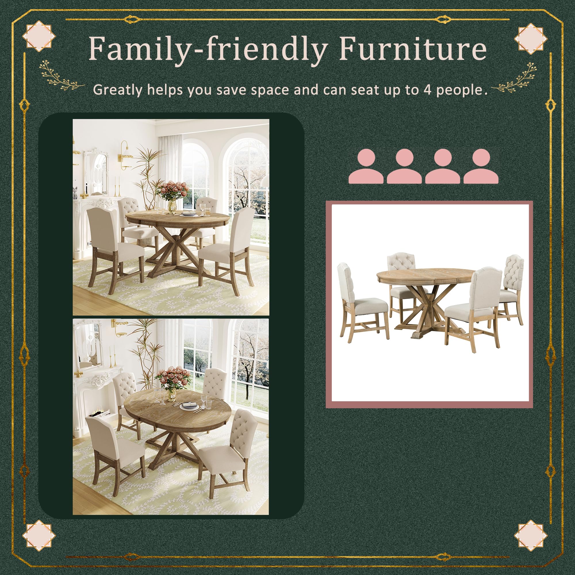 LUMISOL 5-Piece Dining Table Set for 4, Farmhouse Round Kitchen Table Set with Special Shaped Legs and 4 Upholstered Chairs for Kitchen, Dining Room, Small Space, Antique Blue