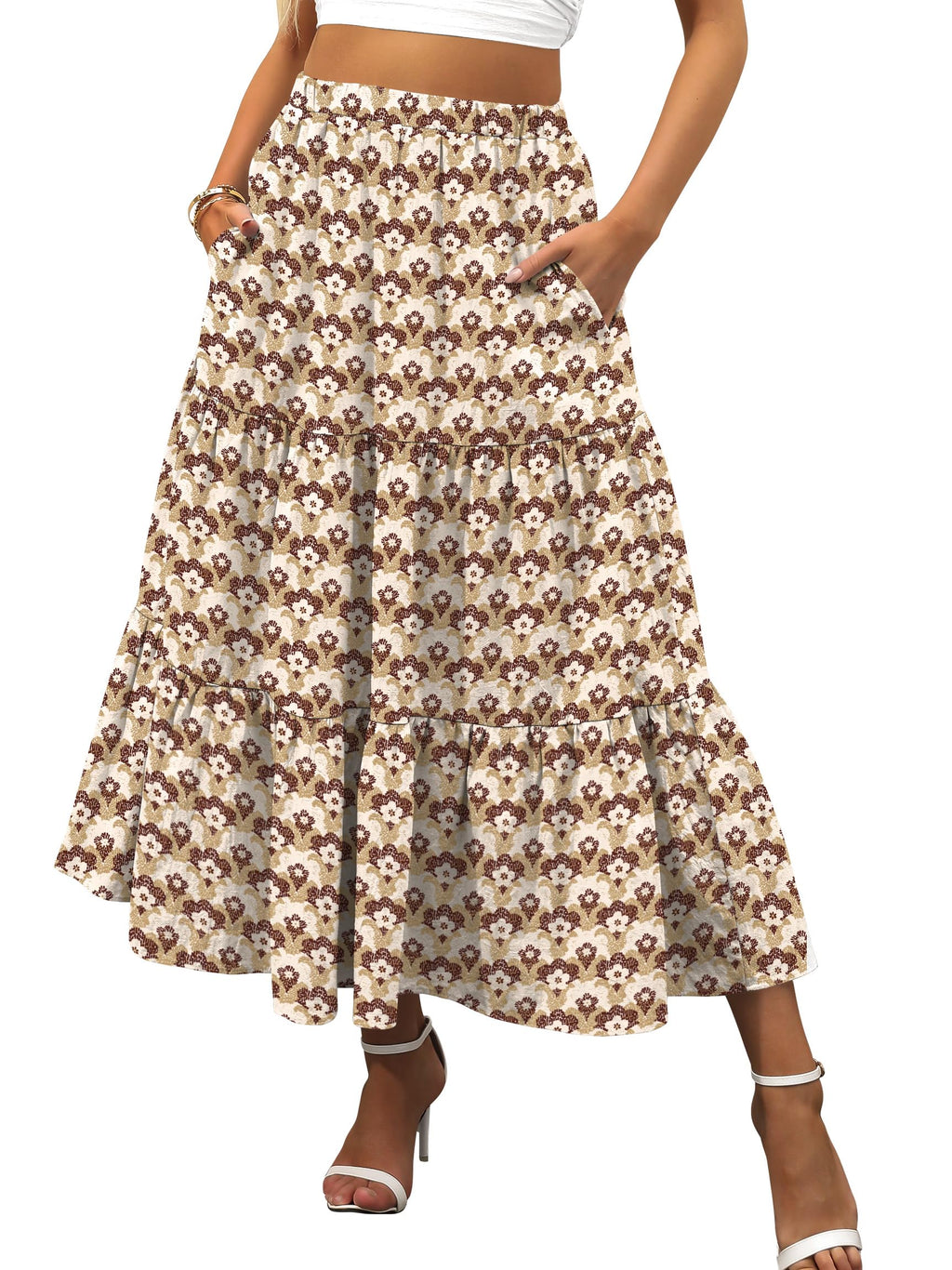 ANRABESS Women’s Summer Boho Flowy Swing Tiered A-Line Maxi Skirt 2026 Fashion Trendy Elastic Waist Pleated Long Beach Dress