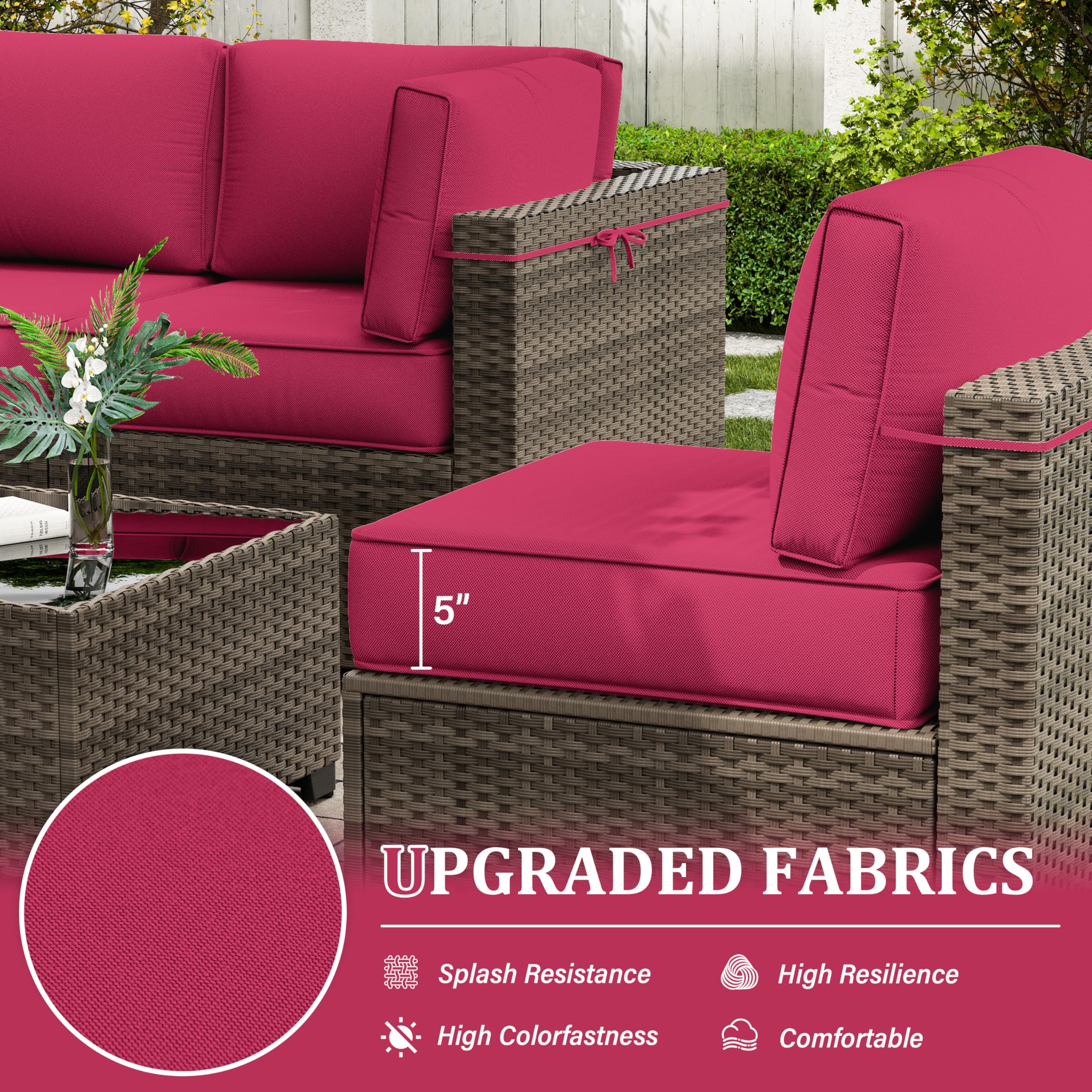 Outdoor Furniture Replacement Cushions, 5" Foam Foam High-Density, Fits 6-seat Sectional Rattan Conversation Set, 14 Piece Patio Water-Resistant Replacement Sofa Cushions, Liner&Cover