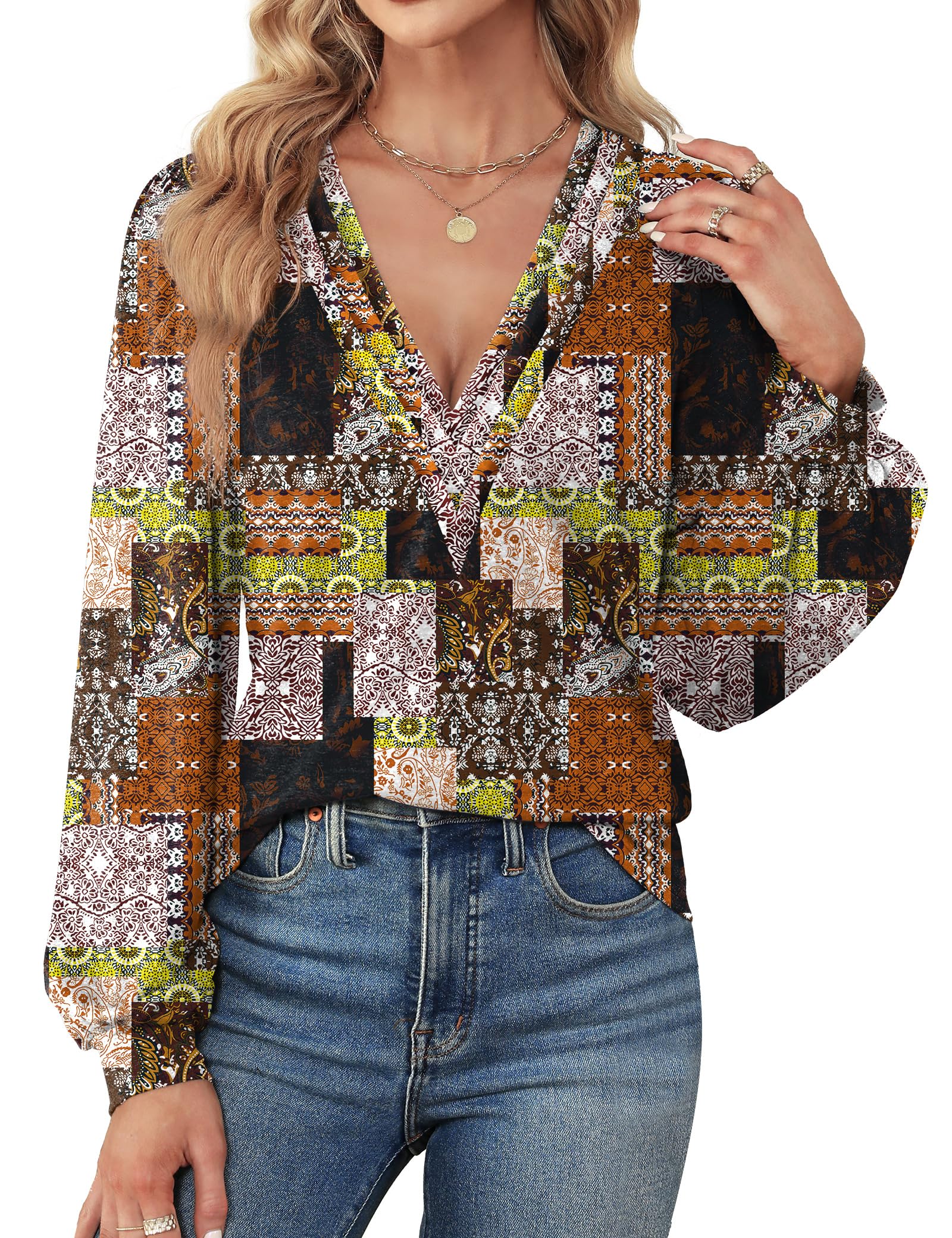 Agnes Urban Womens V Neck Long Sleeve Tops Dressy Casual Fall Shirts Puff Sleeve Loose Tunic Trendy Tops Blouses