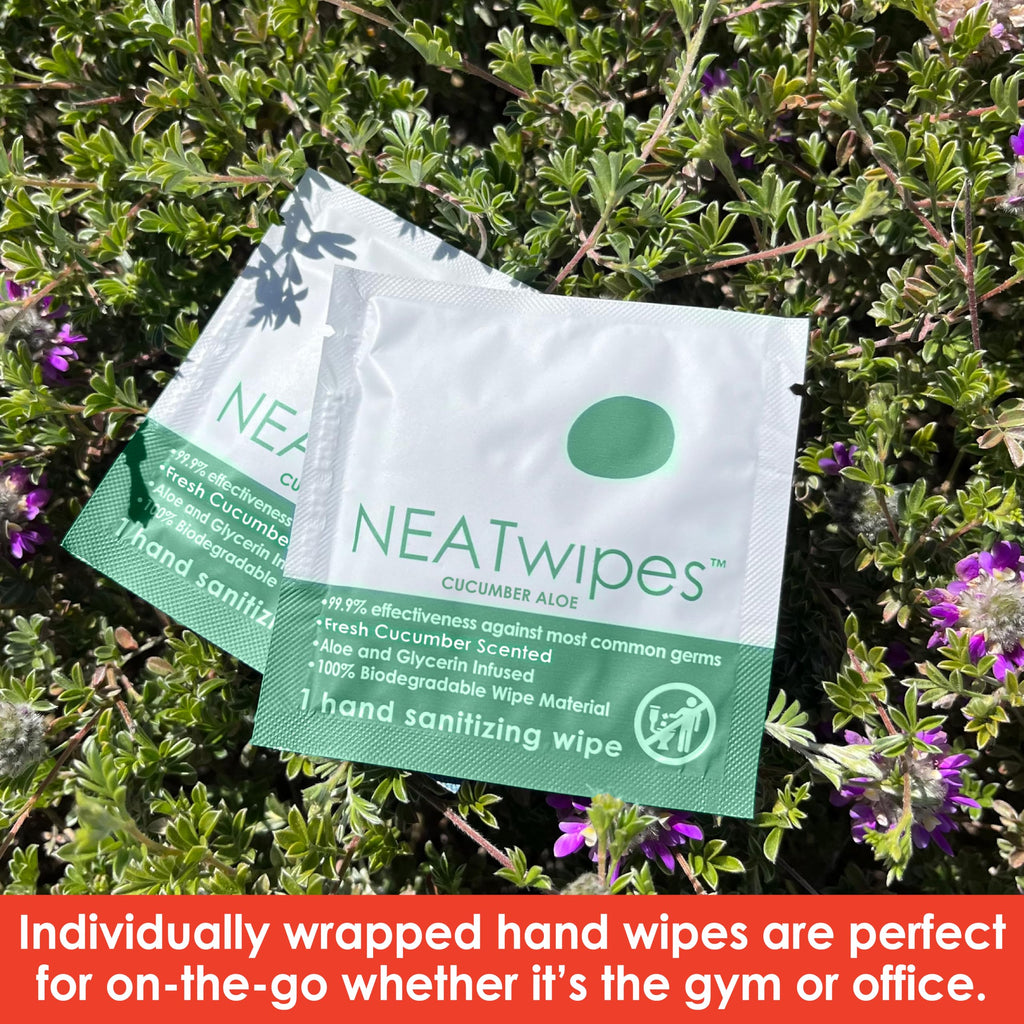 NEATwipes Hand Sanitizing Wipes | Travel Size | Disposable Wet Wipe & Biodegradable | Fresh Citrus Essential Oil | Soothing Aloe Vera | 24 Individually Wrapped Wipes