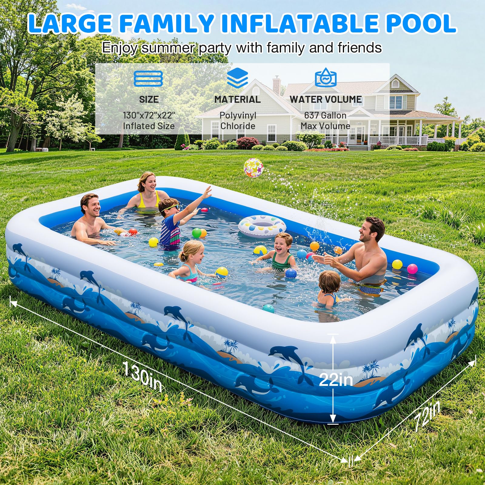 Large Inflatable Pool for Adults & Kids, 120" x 70" x 22" Blow Up Pool, Thickened Full-Sized Family Kiddie Pool for Outdoor Water Play & Summer Fun