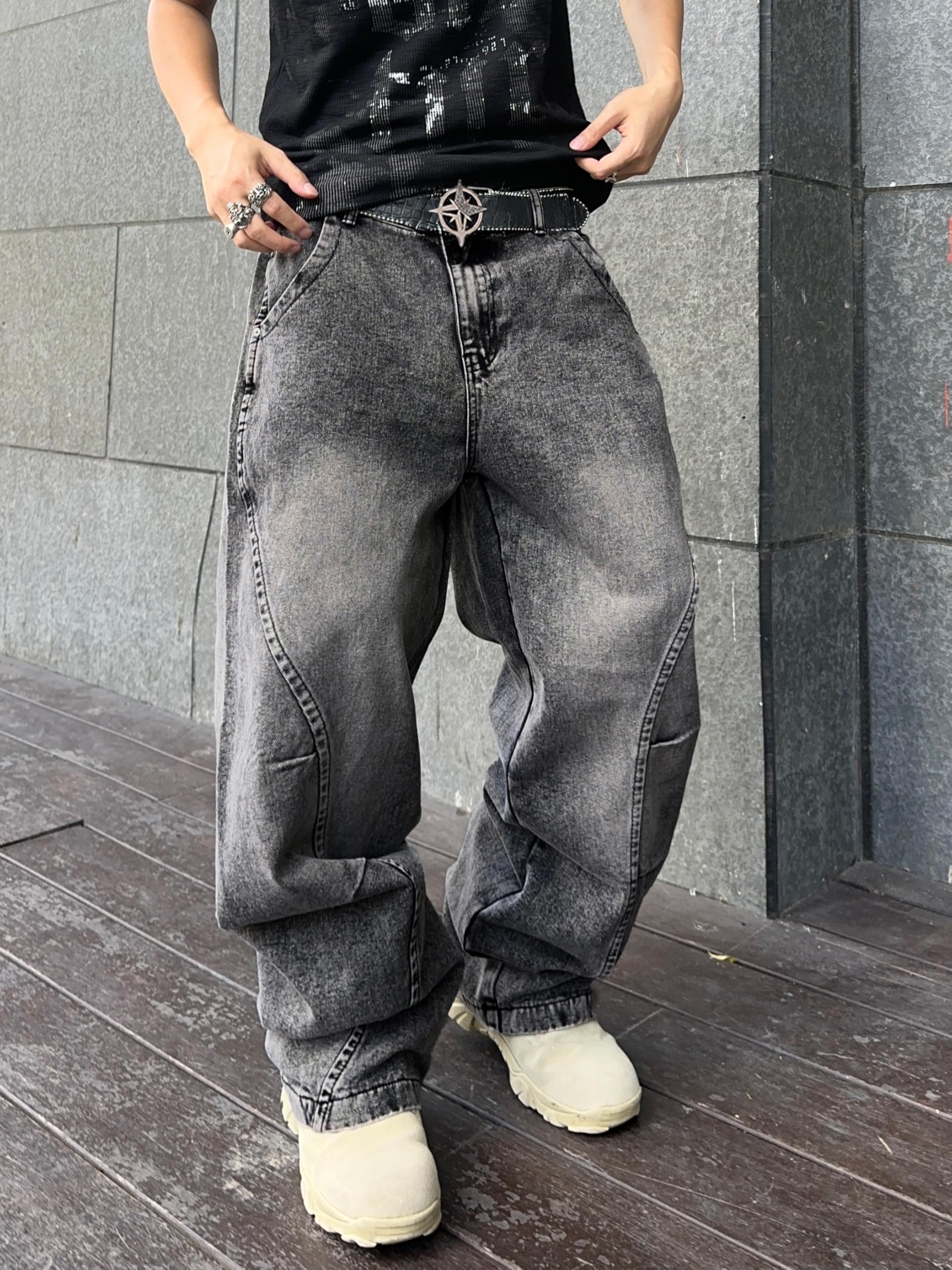 DFGIGT Men's Irregular Sutures Y2k Hip Hop Baggy Jeans Wide Leg Denim Pants Casual Loose Fit Trousers Streetwear