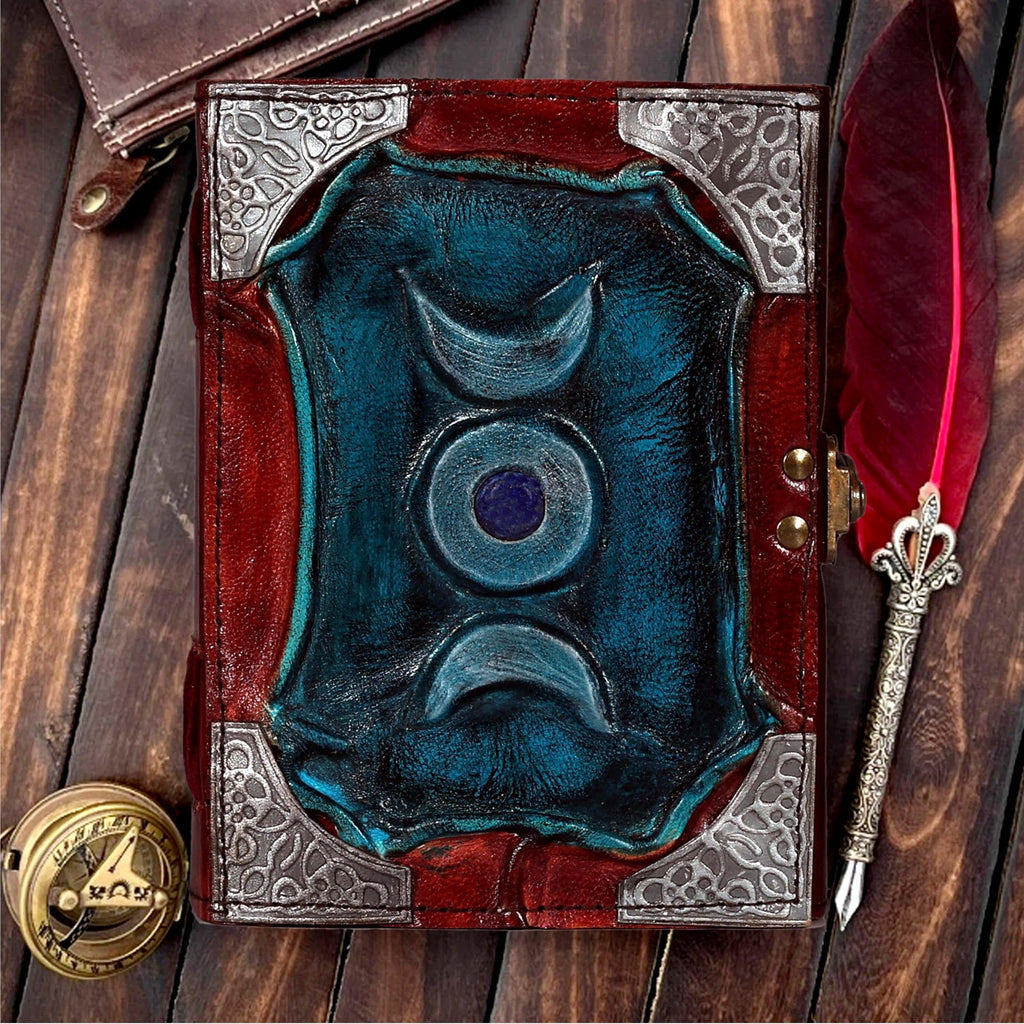 3 Moon Blue Lapis Embossed Vintage Leather Journal | 240 Pages of Antique Handmade Deckle Edge Vintage Paper, Leather Sketchbook, Drawing Journal, Great Gift (5 by 7 inch, black)