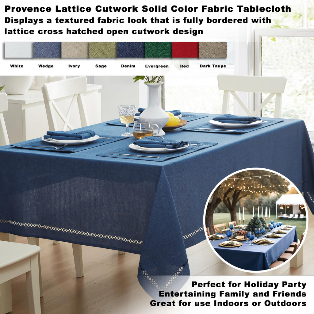 Newbridge Rectangle Fabric Placemats, Set of 4 Placemats, Provence Lattice Cutwork Solid Color Textured, Water and Stain Resistant Easy Care, Denim Blue
