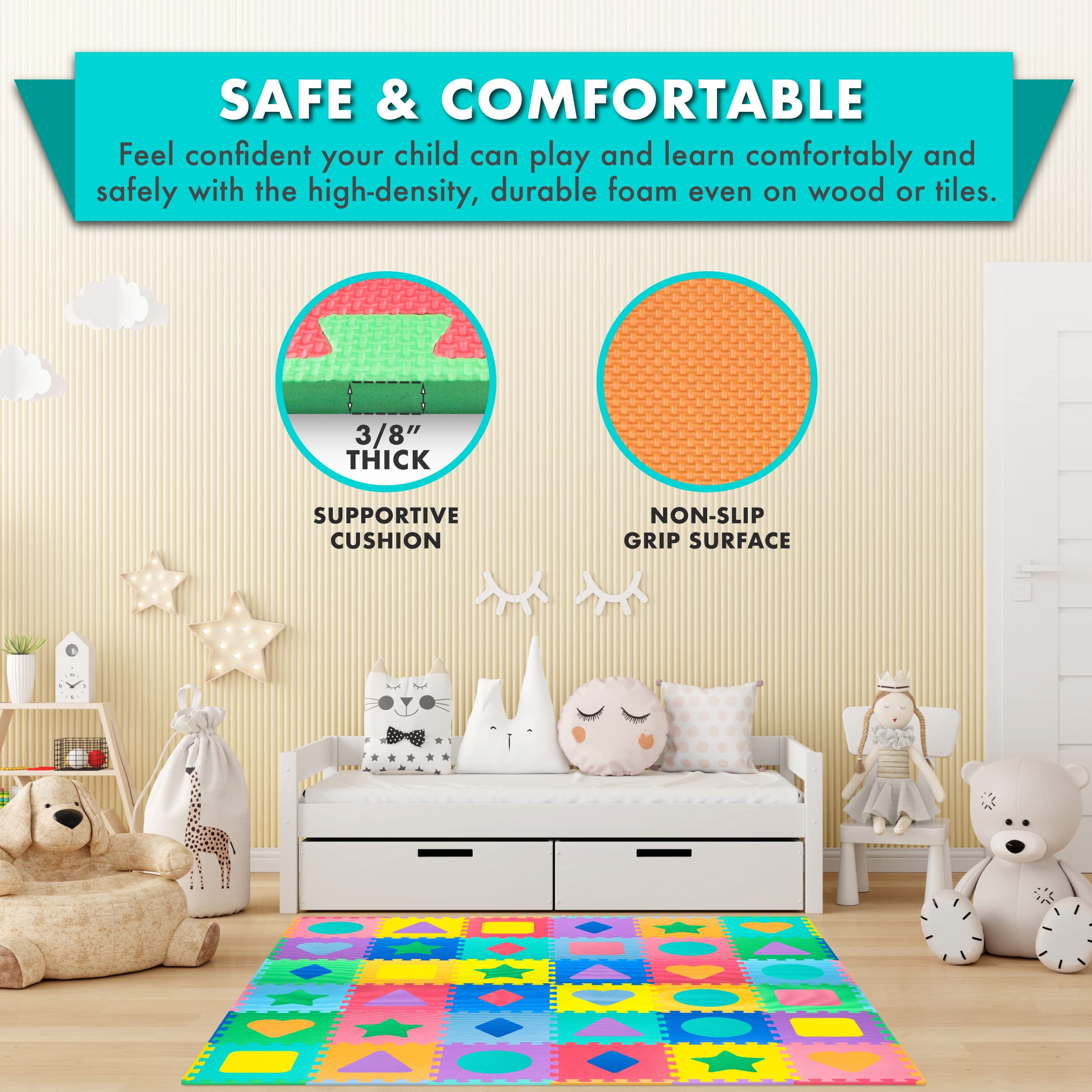 ProSource Kids Foam Puzzle Floor Play Mat with Shapes & Colors 36 Tiles, 12"x12" and 24 Borders