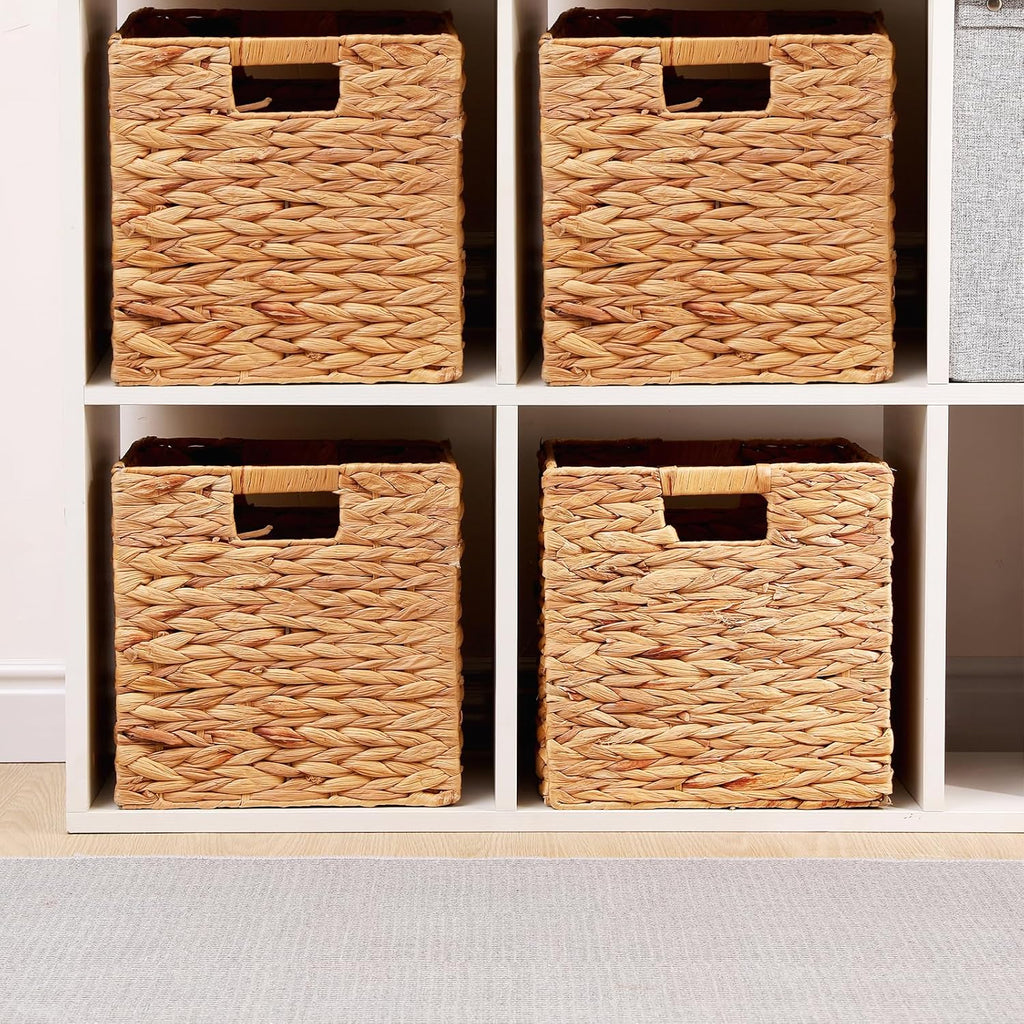 Water Hyacinth Storage Baskets 11x11x11 Inch Wicker Storage Cubes Set of 2Baskets,Handwoven Foldable Wicker Cubes with Sturdy Handles, Rustic Laundry Organizer for Bedroom Shelves, Kitchen, Bathroom