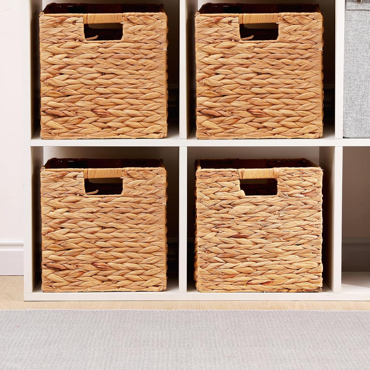 Water Hyacinth Storage Baskets 11x11x11 Inch Wicker Storage Cubes Set of 2Baskets,Handwoven Foldable Wicker Cubes with Sturdy Handles, Rustic Laundry Organizer for Bedroom Shelves, Kitchen, Bathroom