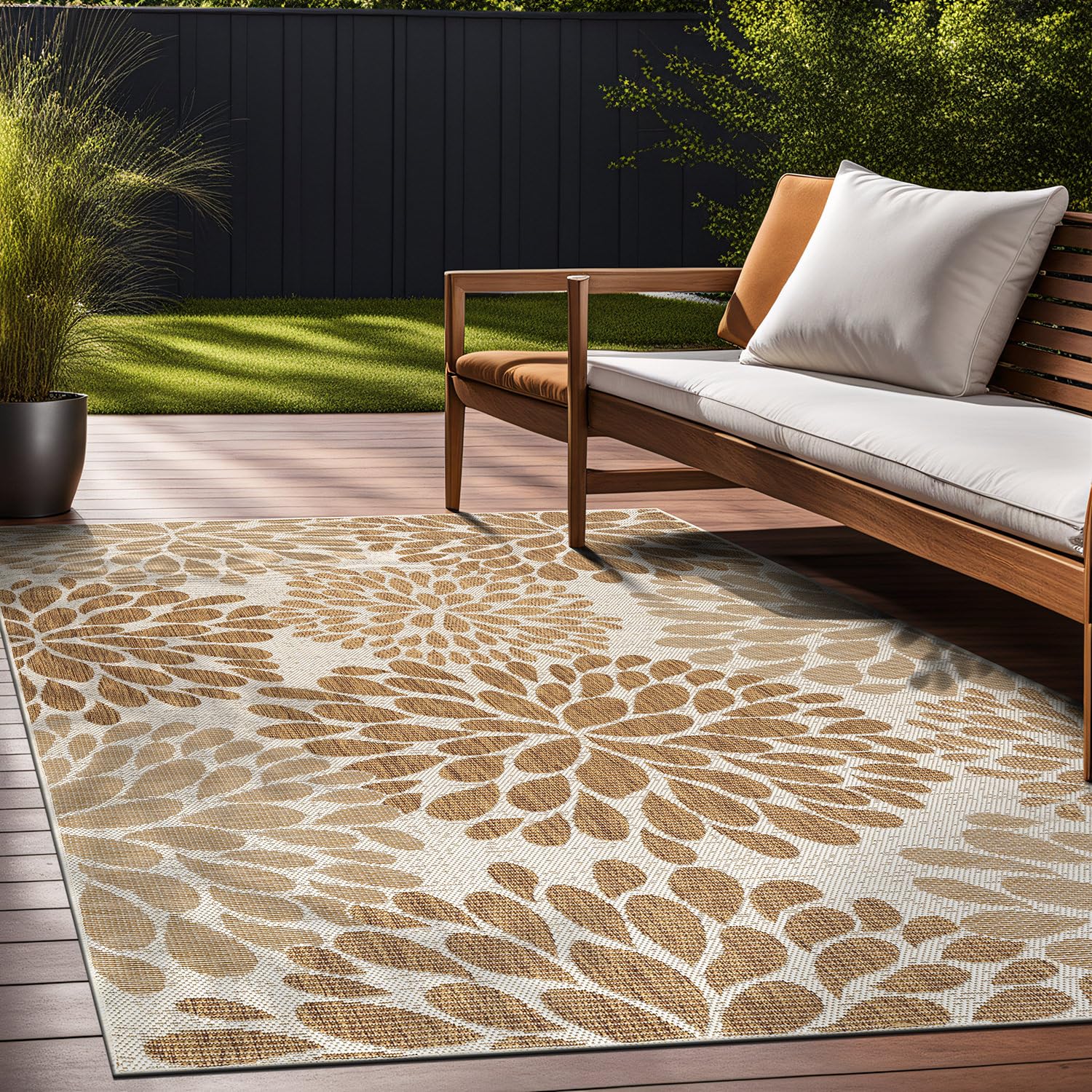 Beverly Rug Outdoor Rug 5x7 Modern Bordered Area Rugs for Indoor and Outdoor Patio Deck Porch Garden Waterproof Weather Sun Resistant Washable Outside Carpet (5 x 7 Beige)