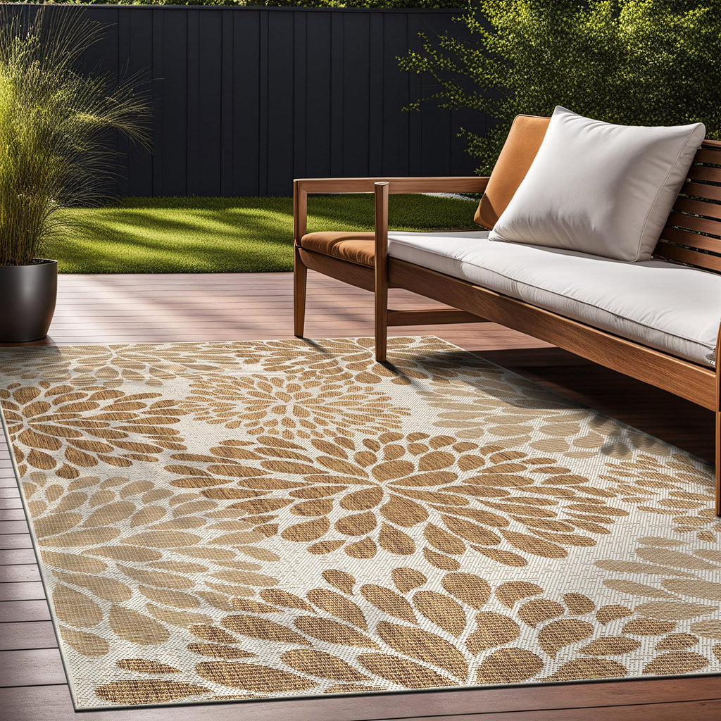 Beverly Rug Outdoor Rug 5x7 Modern Bordered Area Rugs for Indoor and Outdoor Patio Deck Porch Garden Waterproof Weather Sun Resistant Washable Outside Carpet (5 x 7 Beige)