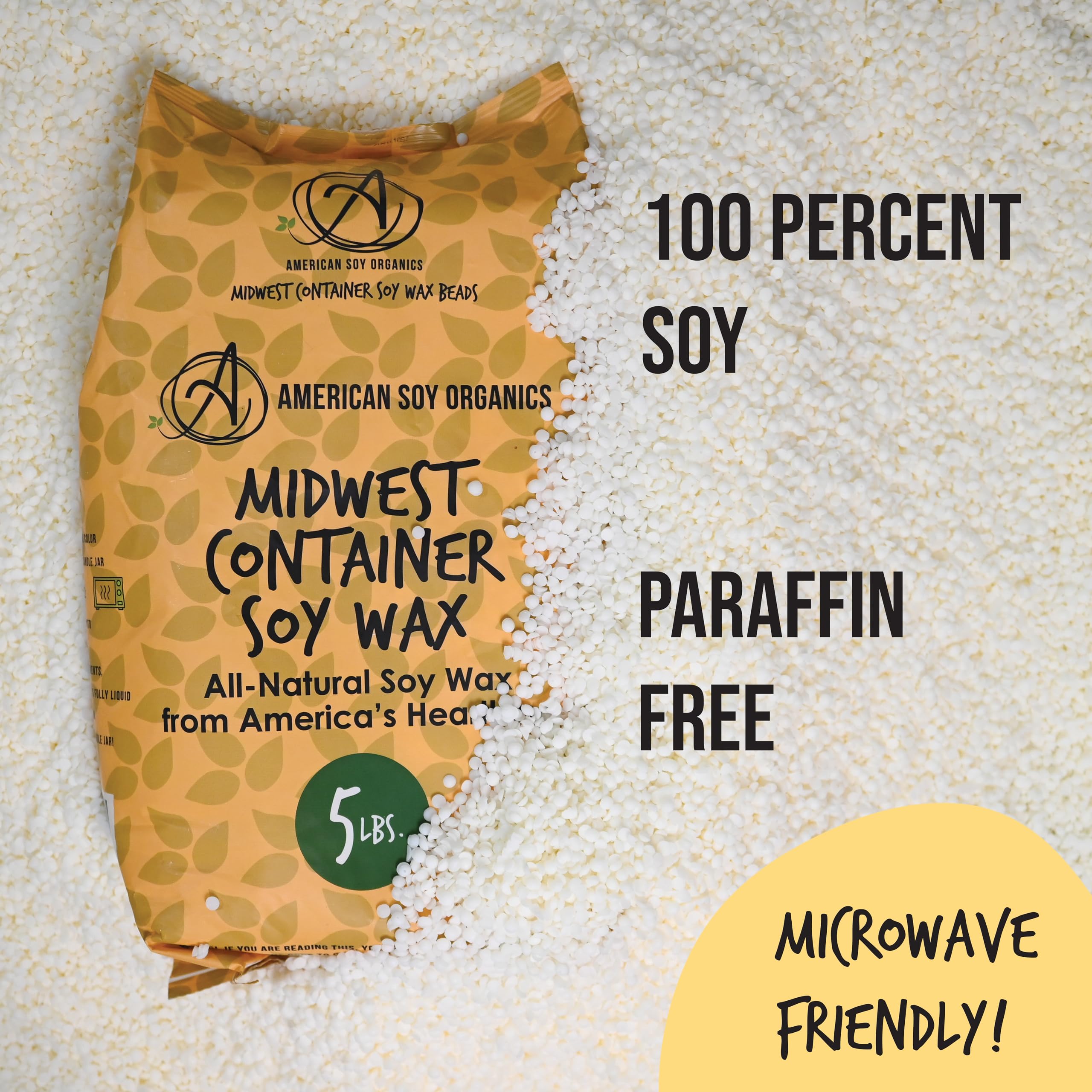 American Soy Organics 100% Midwest Soy Wax Beads for Candle Making - Natural Candle Making Supplies - Paraffin-Free, Beeswax-Free Candle Wax for Container Candles, Tealights and Wax Melts, 5 lbs