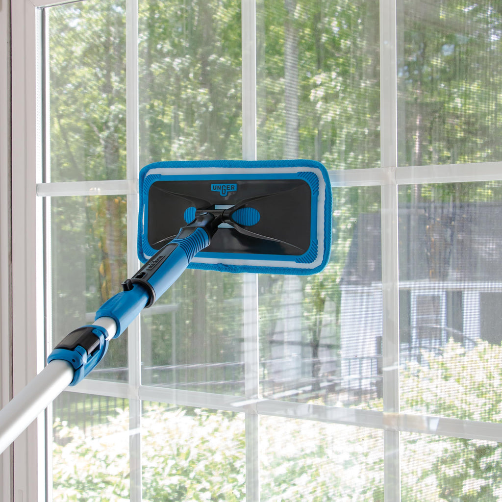 Unger Professional Indoor Window Cleaning Kit with 2' Pole — Swivel Head Pad Washer for Glass, Mirrors & Flat Surfaces, Streak-Free Results, 2 Reusable Microfiber Pads, Wet or Dry Use