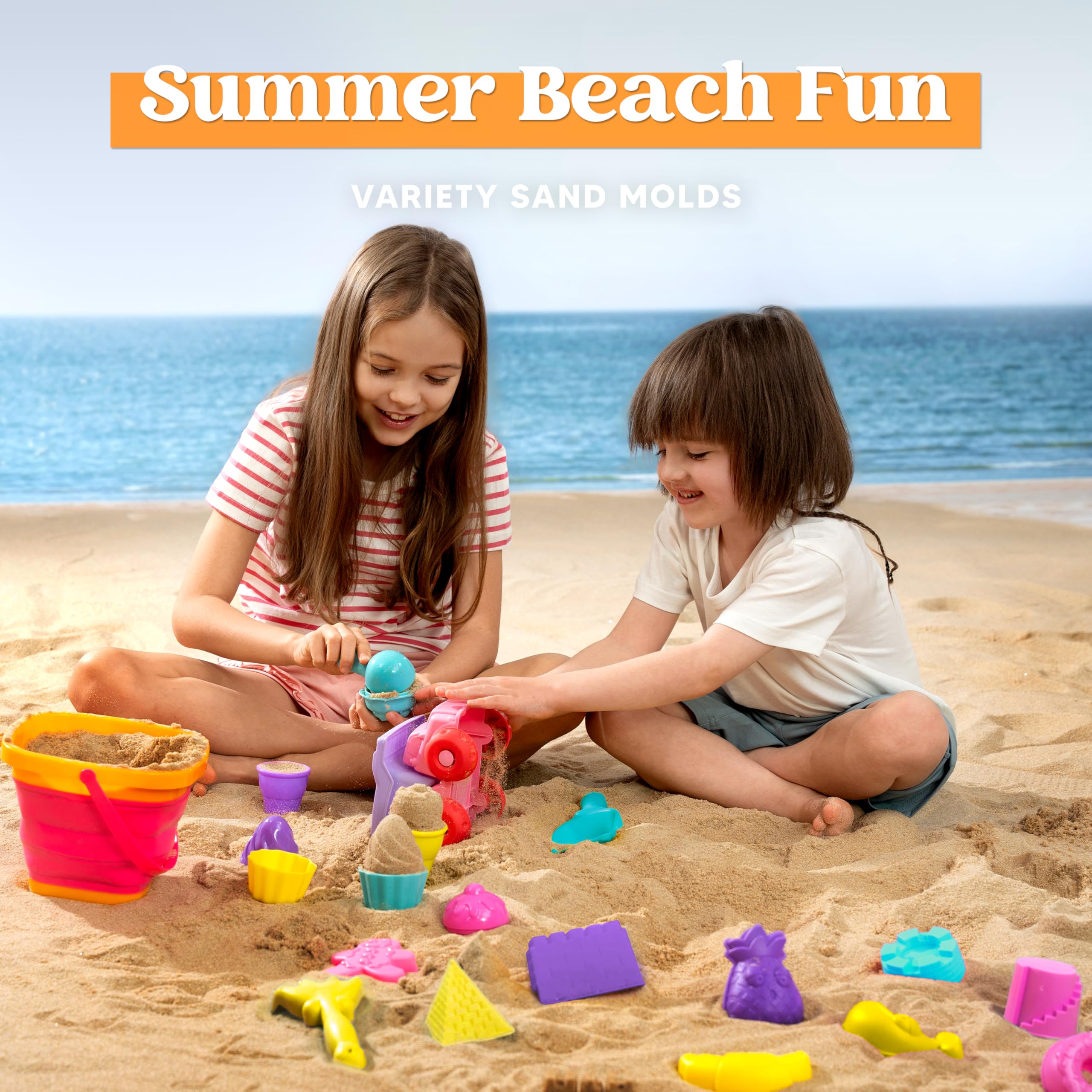 Sloosh Beach Sand Toys Set - Dump Truck Car Toy with Sand Molds for Toddlers Outdoor Play, Collapsible Foldable Buckets Mesh Bag Shovels Castle Animal Mold Sets, Kids Ages Sandbox Toys (Animals)