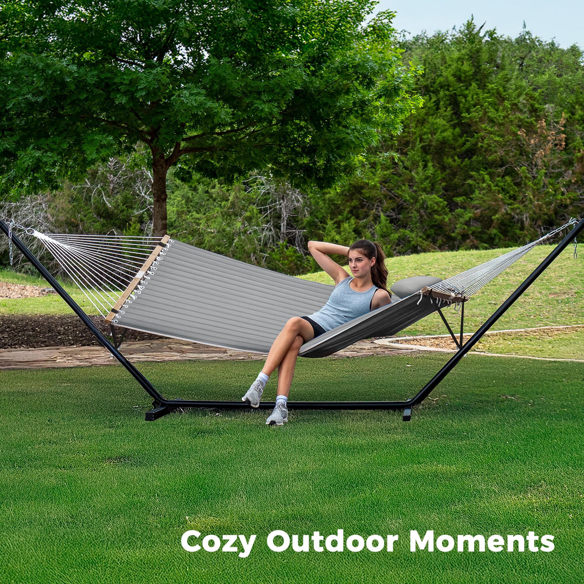 SUPERJARE Hammock with Stand, 2 Person Quilted Outdoor Hammock, Detachable Pillow & Bamboo Spreaders, Portable Hammock with Carrying Bag, Heavy Duty Stand, Perfect for Outside, Patio, Aqua Blue