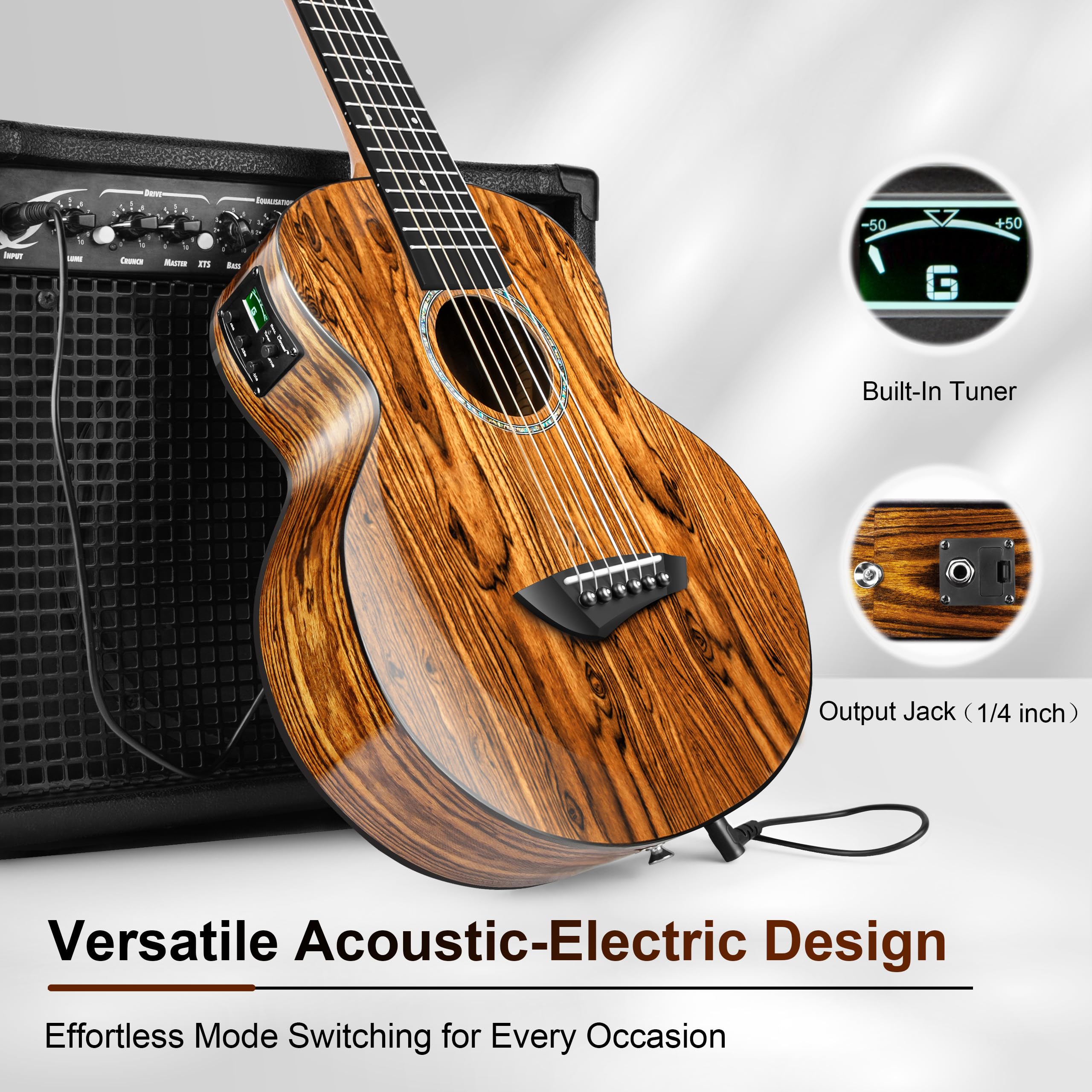 Caramel TEG95 Butterfly Bocote Glossy Tenor Acoustic & Electric Ukulele | 26-inch Handmade Professional Ukelele Kit with Accessories