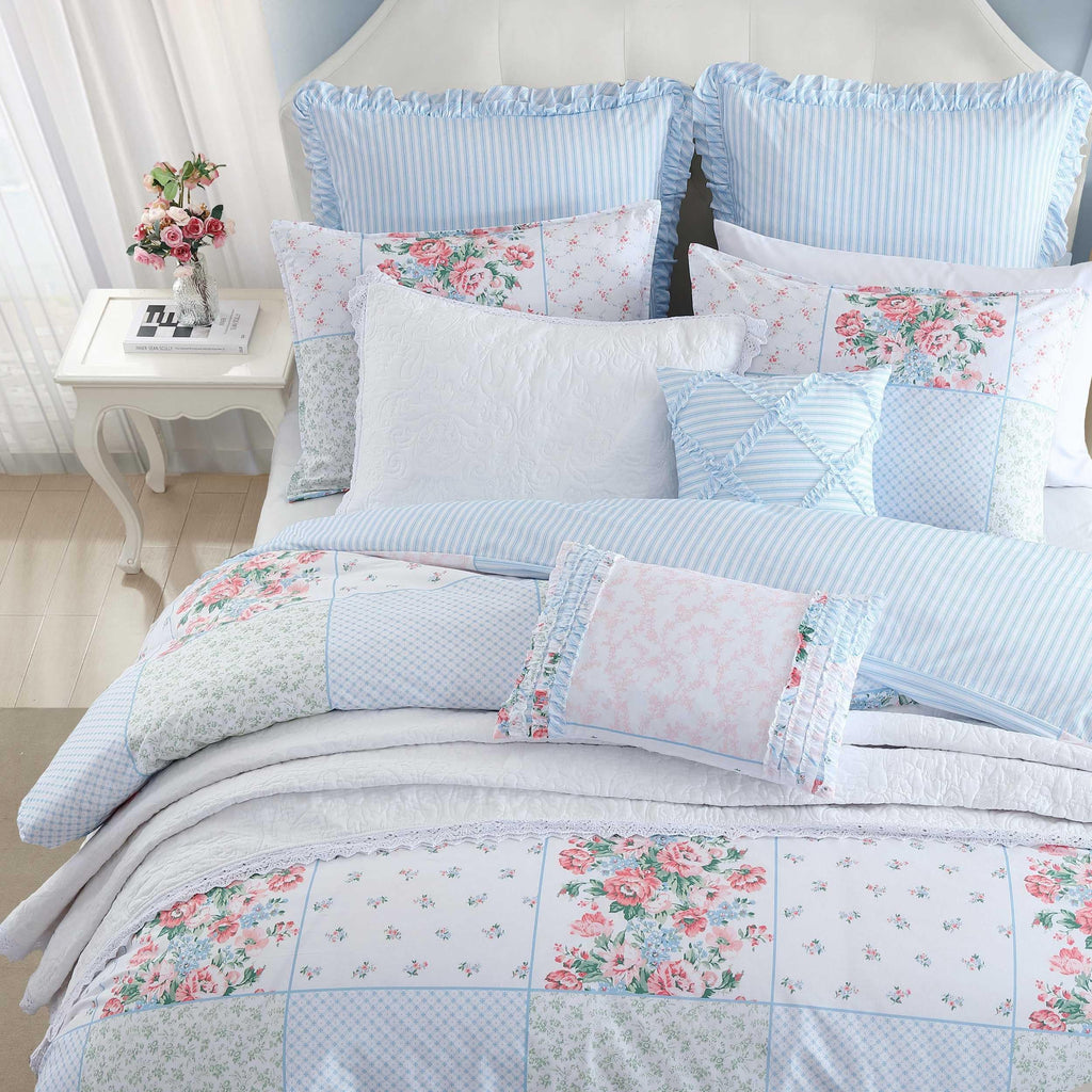 Laura Ashley - Duvet Set, Super Soft & Cozy Bedding, Includes Matching Shams & Bonus Throw Pillow Covers, Coquette Room Decor (Hope Patchwork Blue, Twin)