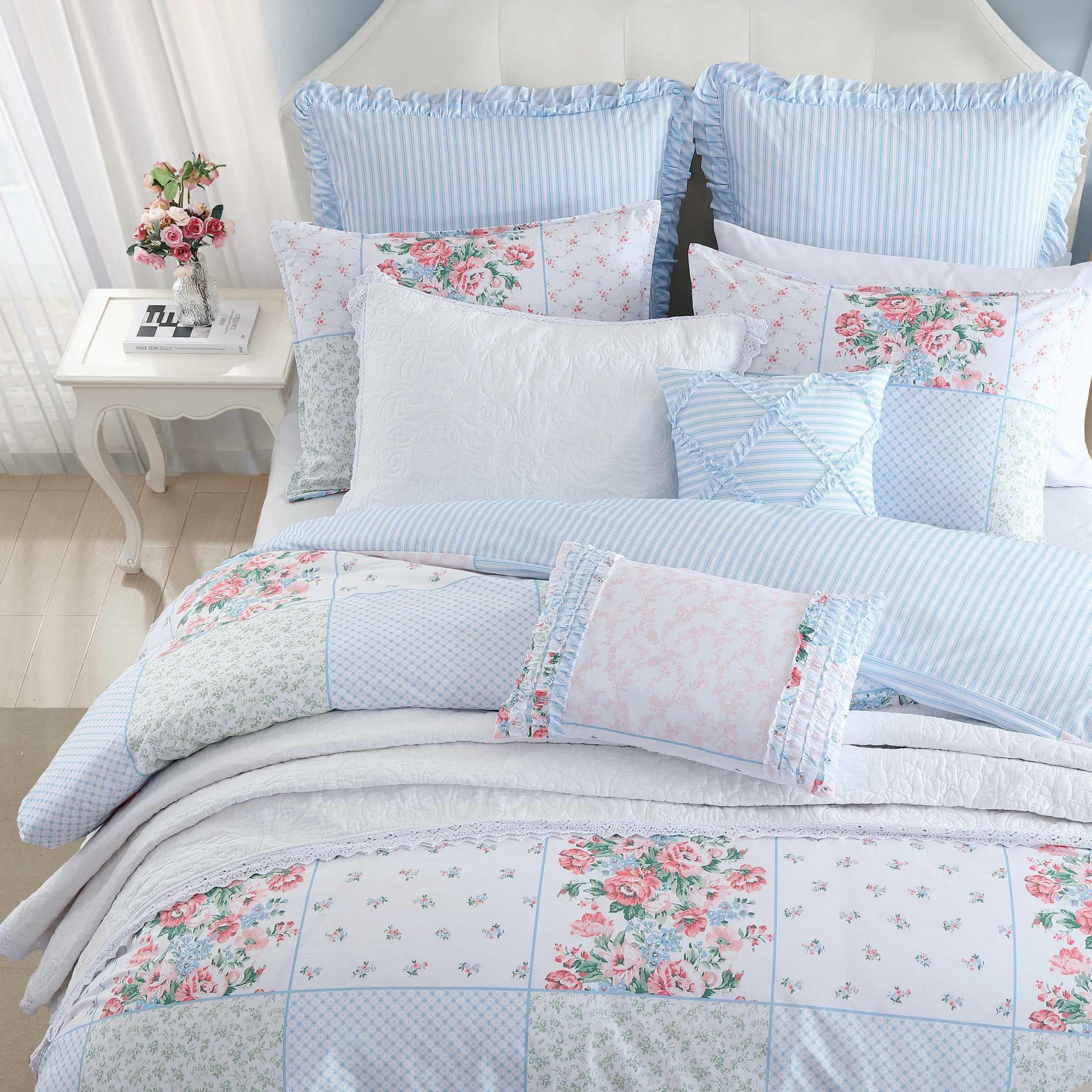 Laura Ashley - Duvet Set, Super Soft & Cozy Bedding, Includes Matching Shams & Bonus Throw Pillow Covers, Coquette Room Decor (Hope Patchwork Blue, Twin)