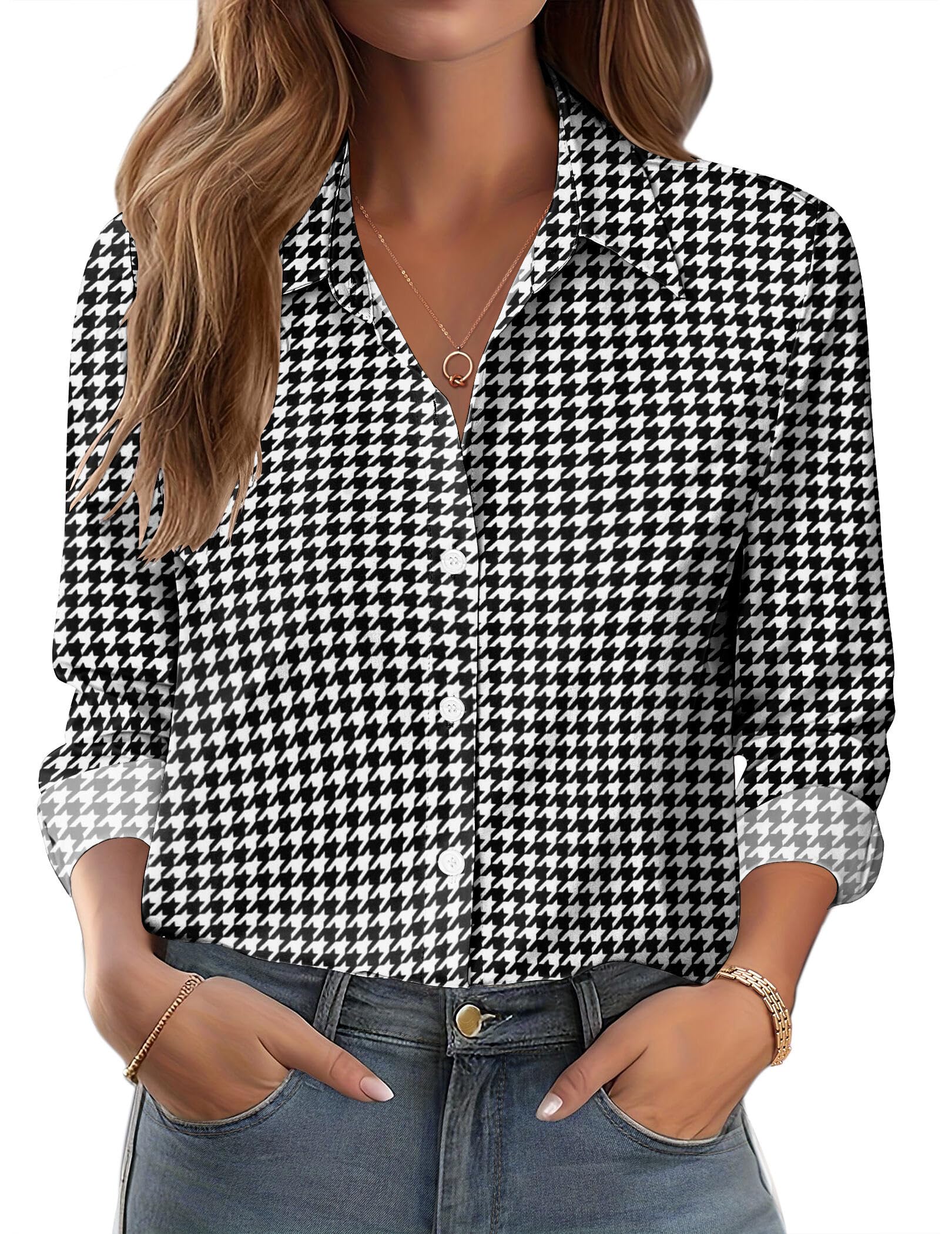 Zeagoo Button Down Shirts for Women Dressy Floral Printed Long Sleeve Blouse Business Casual Work Tops