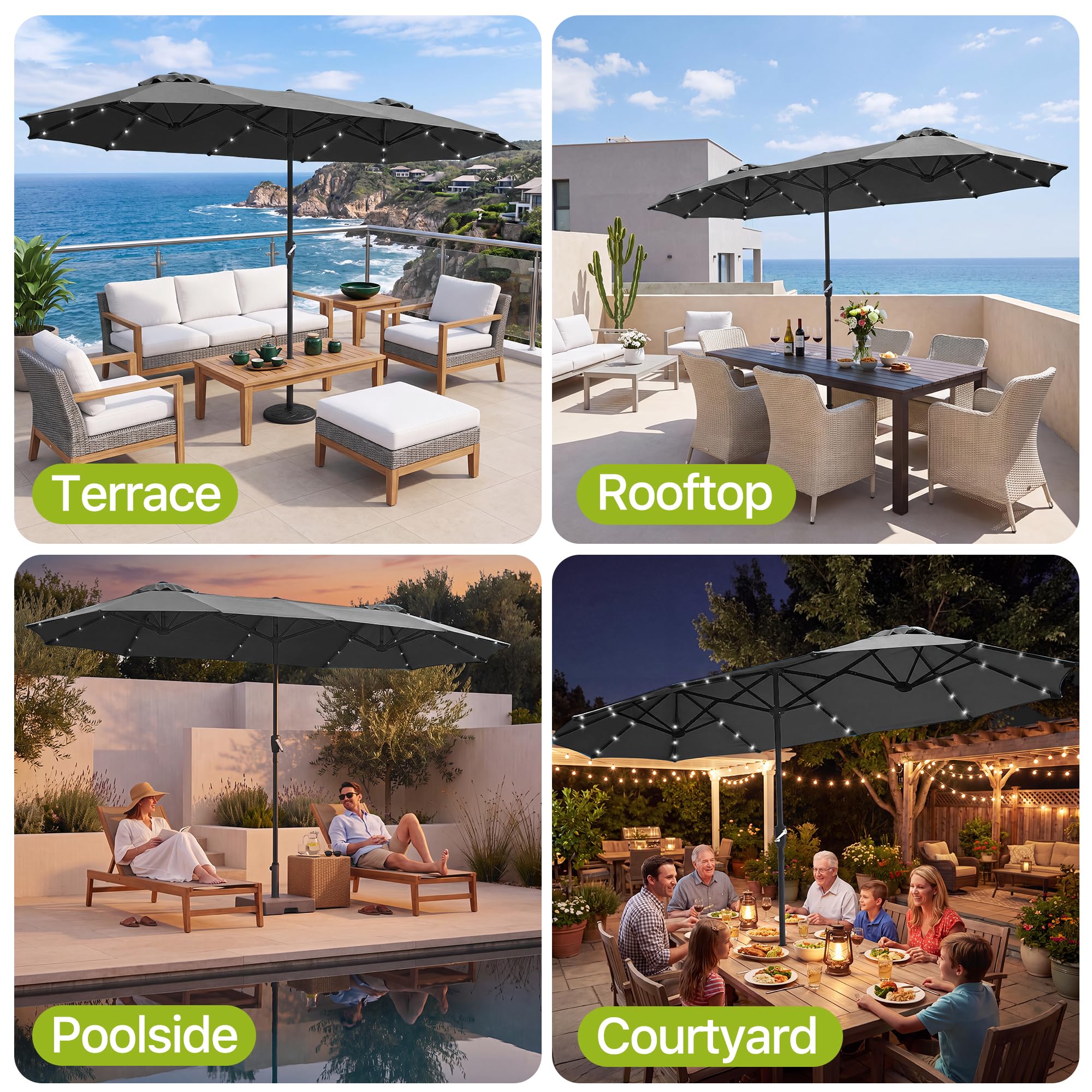 FREE SOLDIER 13ft Patio Umbrella Double Sided Outdoor Umbrella for Patio Table Umbrella with Solar lights for Garden Yard Pool (Beige)