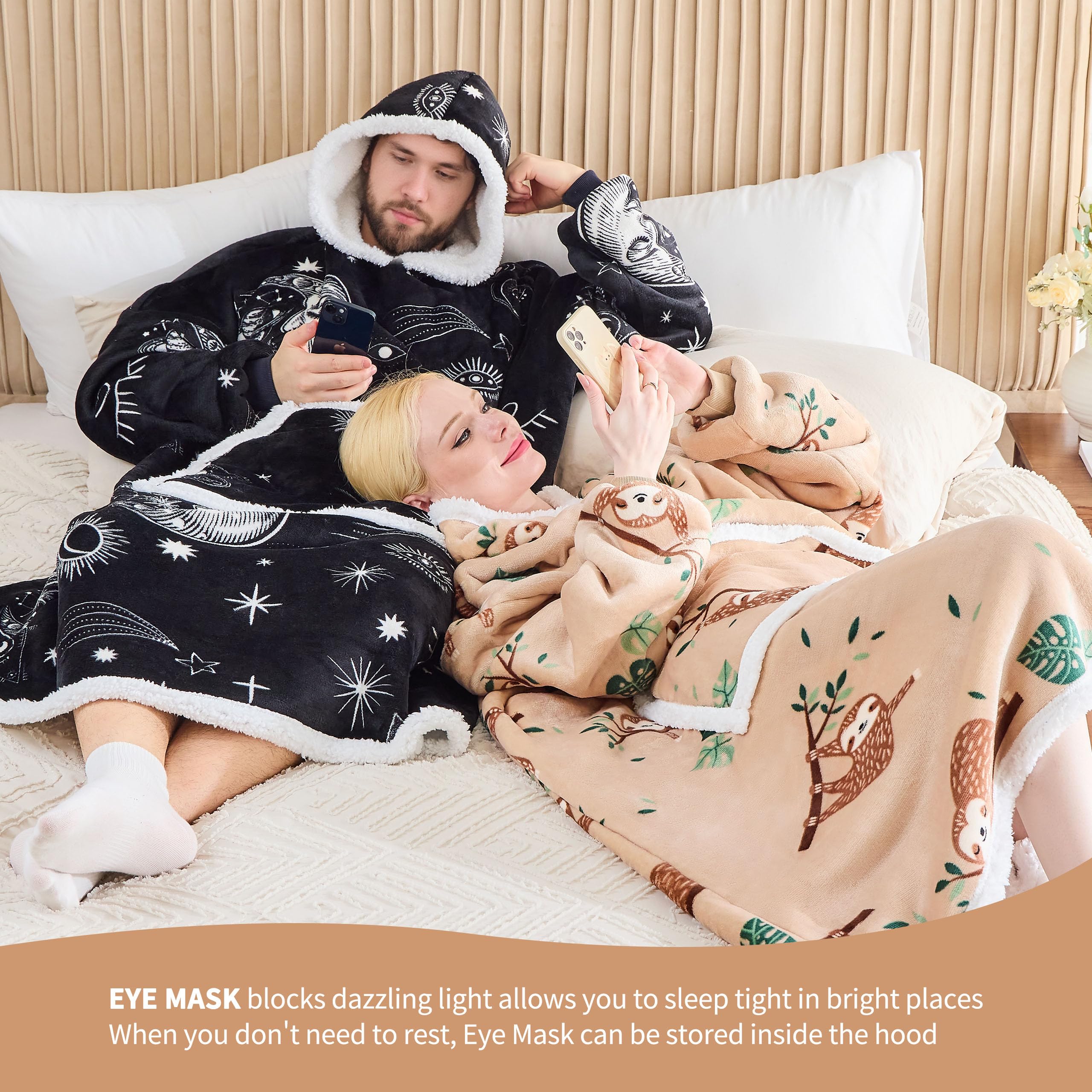 IFNOW Wearable Blanket Hoodie, Oversized Sherpa Fleece Hooded Sweatshirt with Eye Mask, Cozy and Giant Blanket Hoodie with Sleeves Extra Long for Adults Men Women, Black