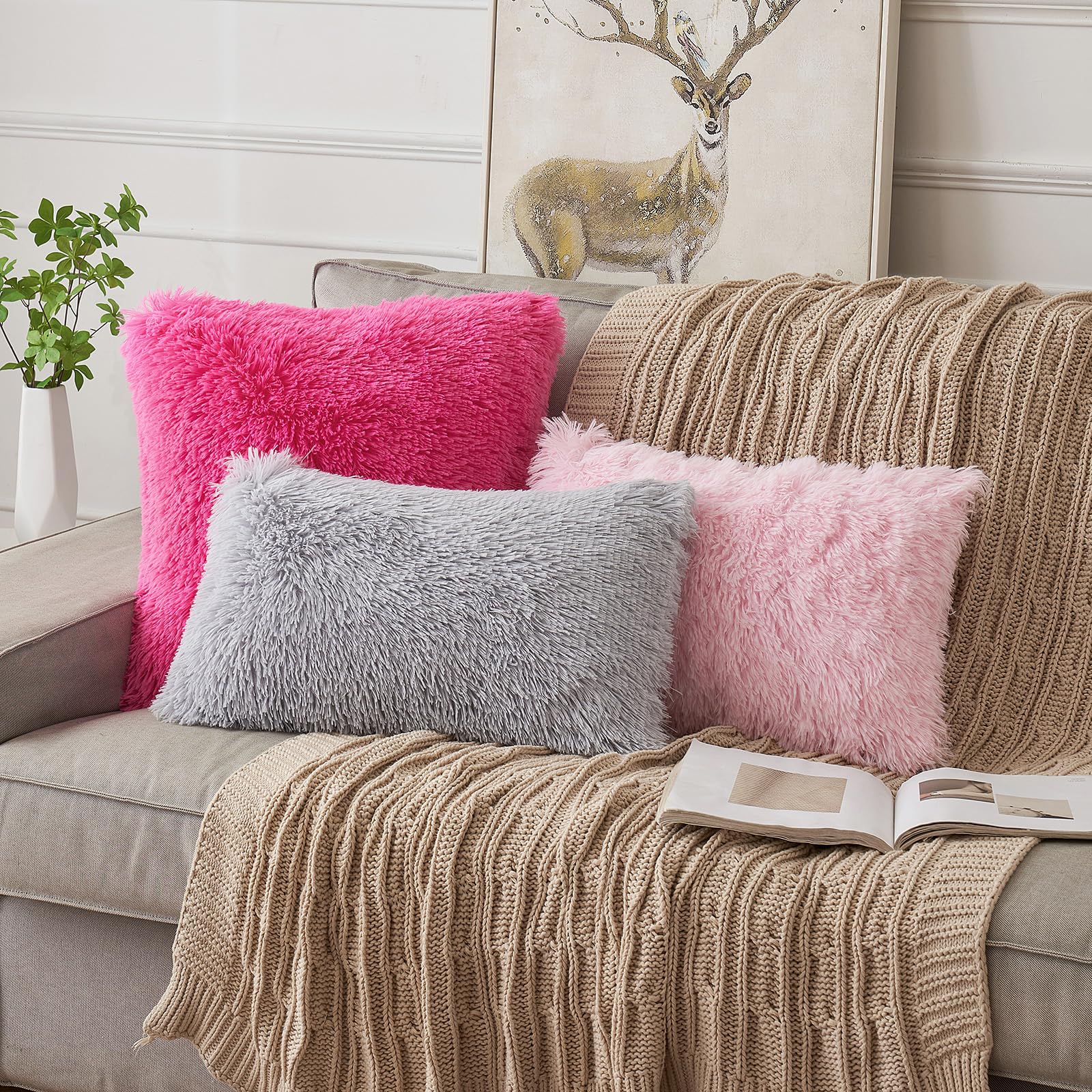ANRODUO Pack of 2 Baby Pink Throw Pillow Covers Luxury Fluffy Pillows Faux Fur Decorative Pillows Plush Cushion Case Fuzzy Mongolian Merin Style for Bed Couch Sofa Living Room Summer Decor 16x16 Inch
