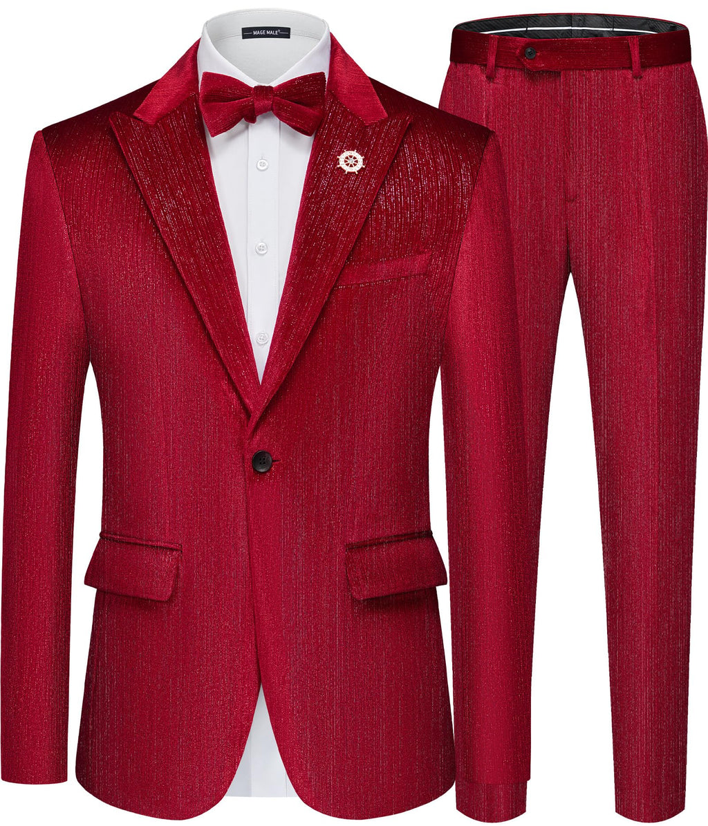 MAGE MALE Mens Suits Velvet Tuxedo Suit Set Slim Fit 2 Piece Luxurious Party Dinner Jacket Pants with Bow Tie