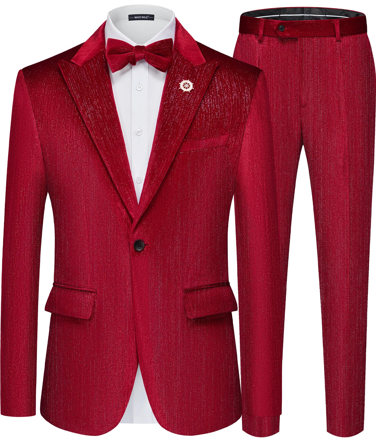 MAGE MALE Mens Suits Velvet Tuxedo Suit Set Slim Fit 2 Piece Luxurious Party Dinner Jacket Pants with Bow Tie