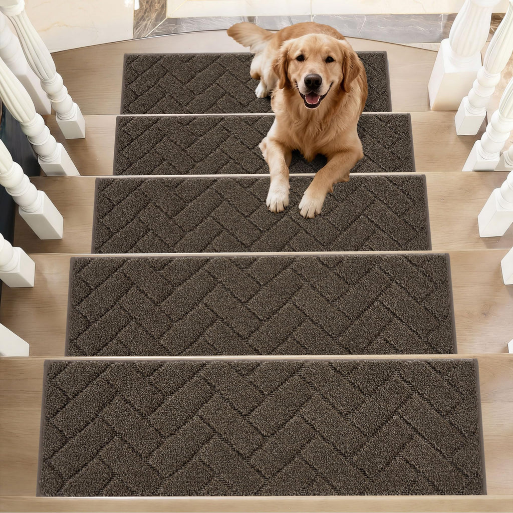 BEQHAUSE Stair Treads for Wooden Steps 28inX9in, Non Slip Carpet Stair Treads Indoor Stair Runners Machine Washable, Soft Stair Rugs Mat Surface Polyester TPE Backing, 4pcs, Beige