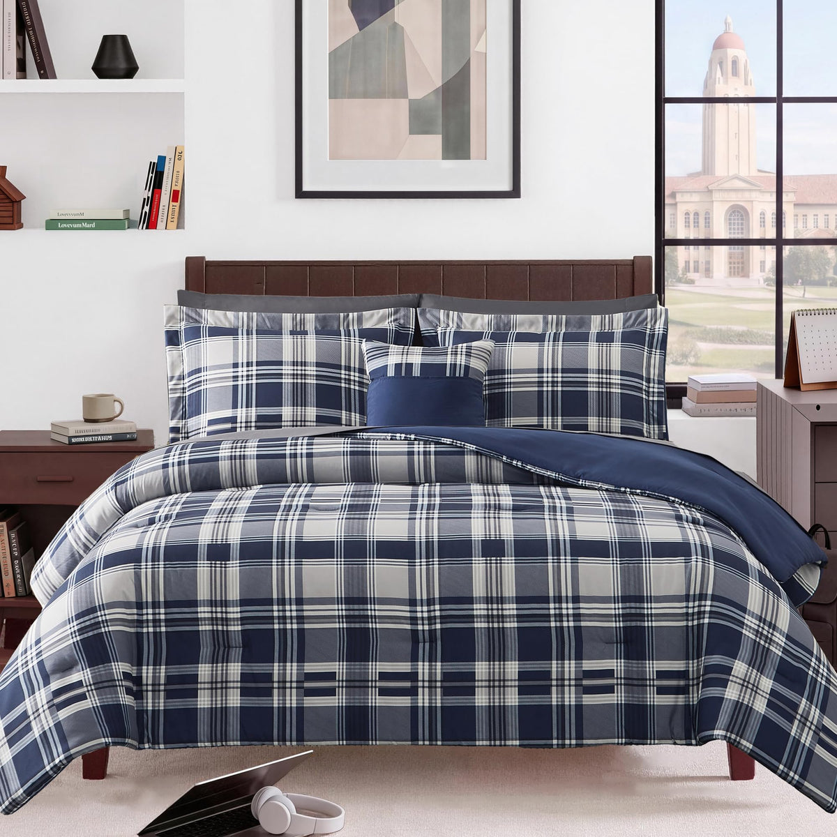 MaiRêve Queen Comforter Set, Classic Plaid Farmhouse Bedding Sets 7 Pieces, Beige All Season Bed in A Bag with Sheets, Pillowcases & Shams