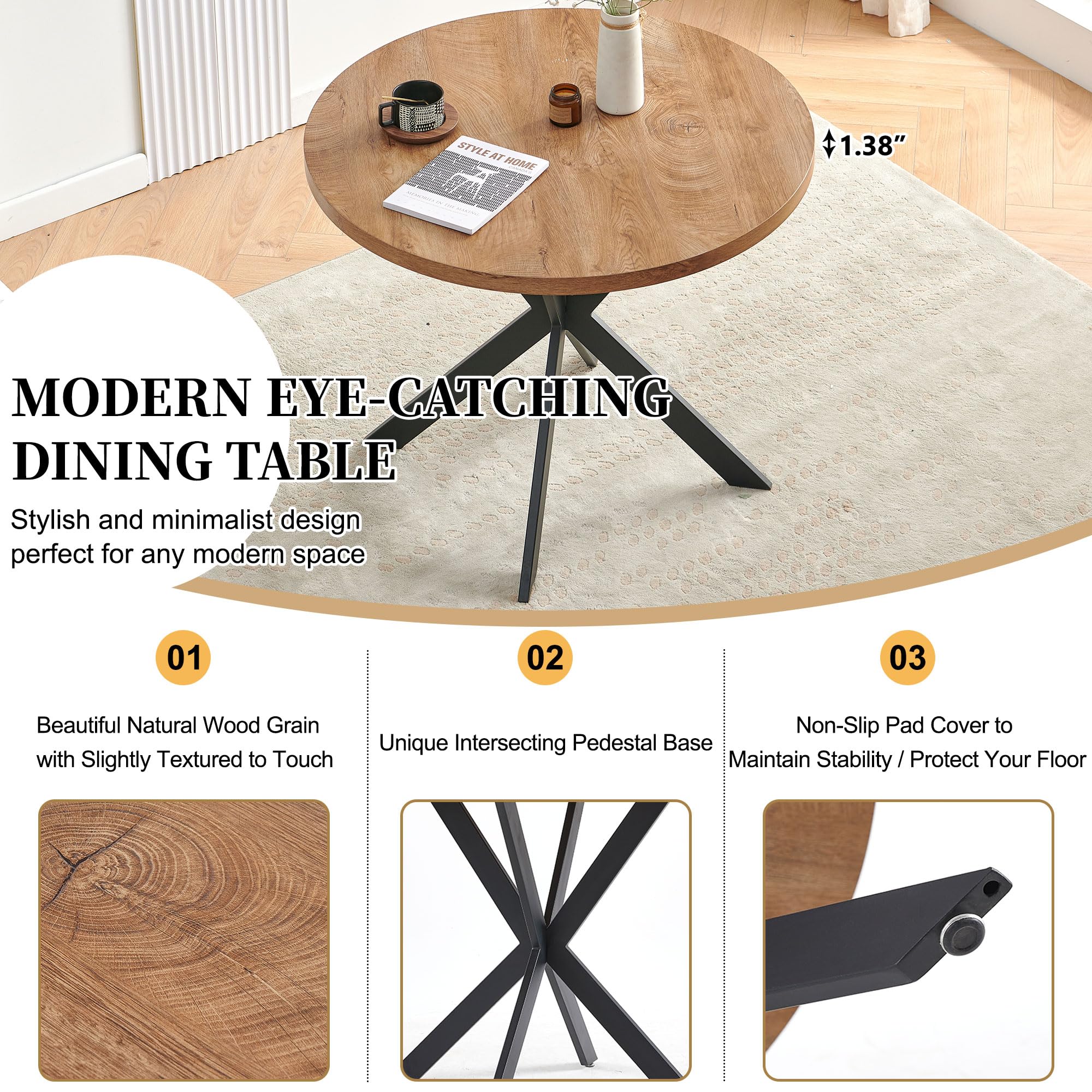 Homedot Dining Table Set for 2 with Black Dining Chairs, 3-Piece Compact Kitchen Table Set for Small Spaces, Rustic Brown Round Table Wooden with Upholstered Dining Side Chairs for Living Room