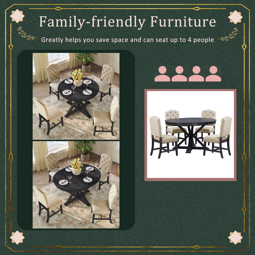 LUMISOL 5-Piece Dining Table Set for 4, Farmhouse Round Kitchen Table Set with Special Shaped Legs and 4 Upholstered Chairs for Kitchen, Dining Room, Small Space, Antique Blue