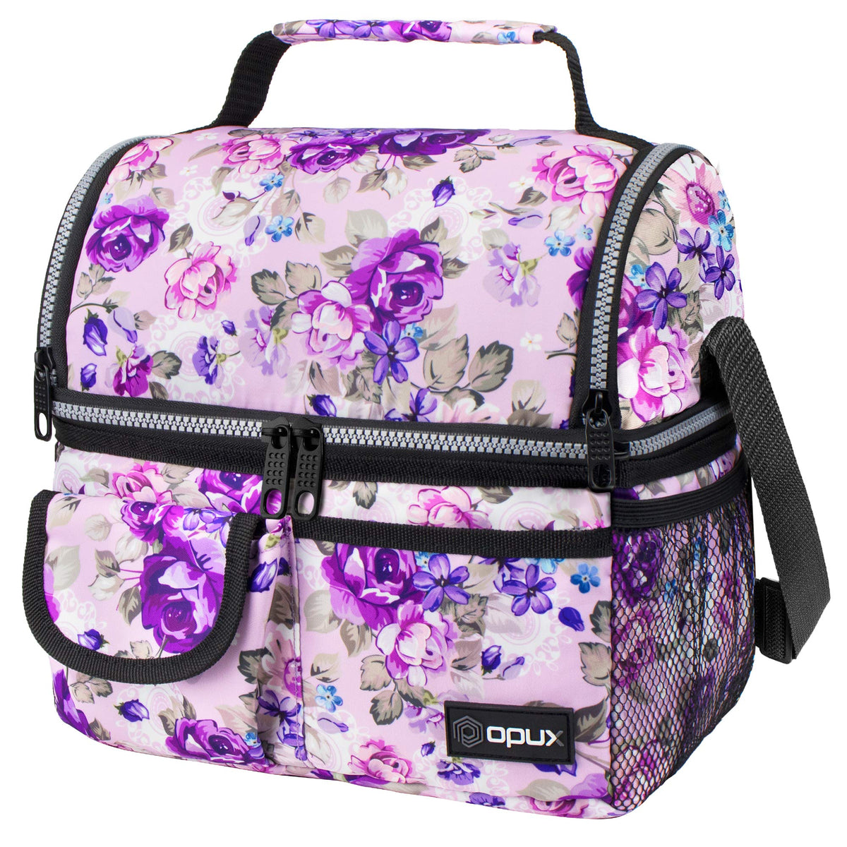 opux Insulated Lunch Bag Women Men, Dual Compartment Leakproof Lunch Box Adults Kids, Double Decker Meal Prep Bento Lunch Cooler Tote with Shoulder Strap for Work Office School Travel, Black