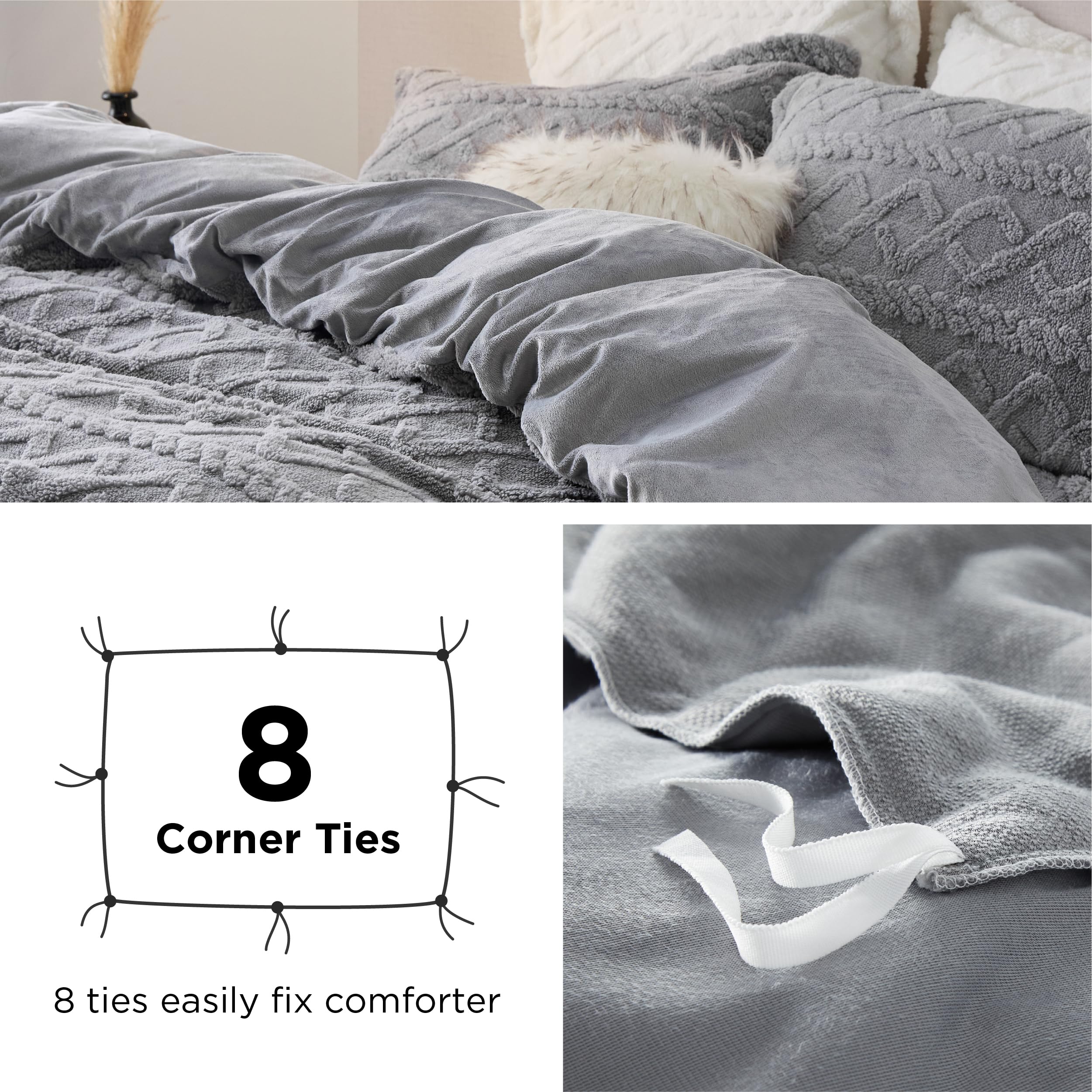 Bedsure Fluffy Flannel Duvet Cover Set - Faux Fur Comforter Cover Queen Size, Gray Warm Plush Bedding for Winter, 3-Piece Set with Zipper Closure (90"x90") and 2 Pillow Shams