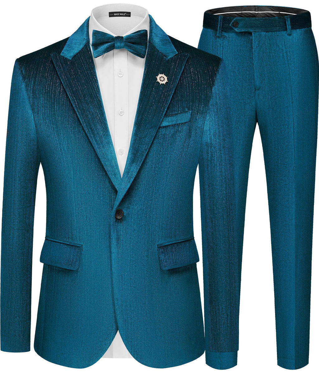 MAGE MALE Mens Suits Velvet Tuxedo Suit Set Slim Fit 2 Piece Luxurious Party Dinner Jacket Pants with Bow Tie